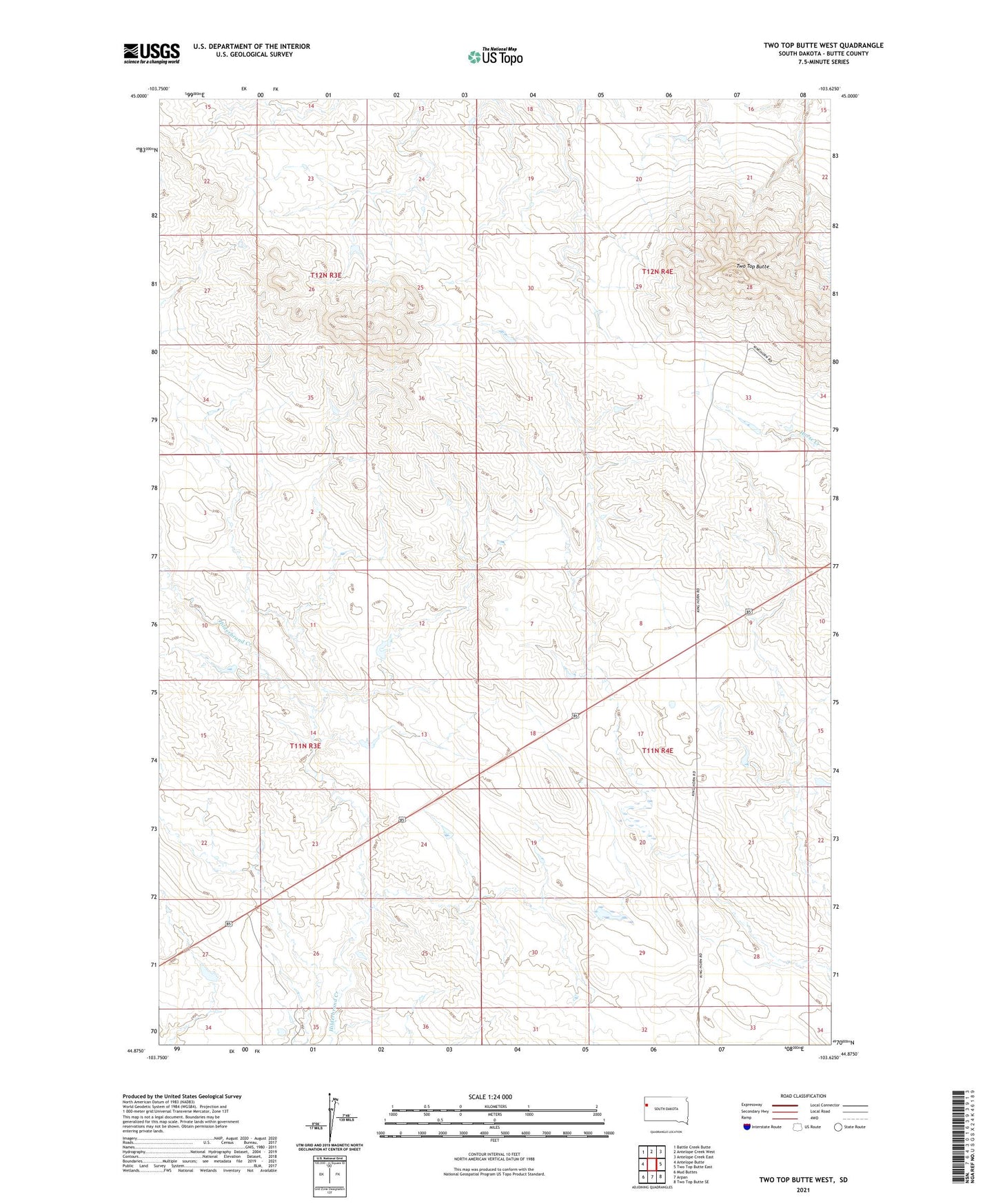 Two Top Butte West South Dakota US Topo Map Image