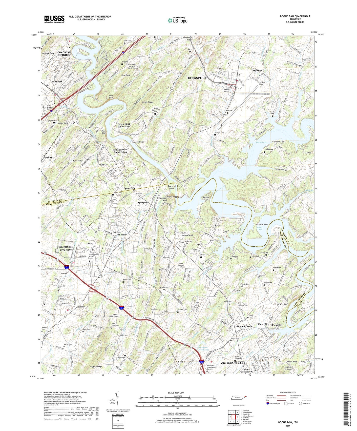 Boone Dam Tennessee US Topo Map Image