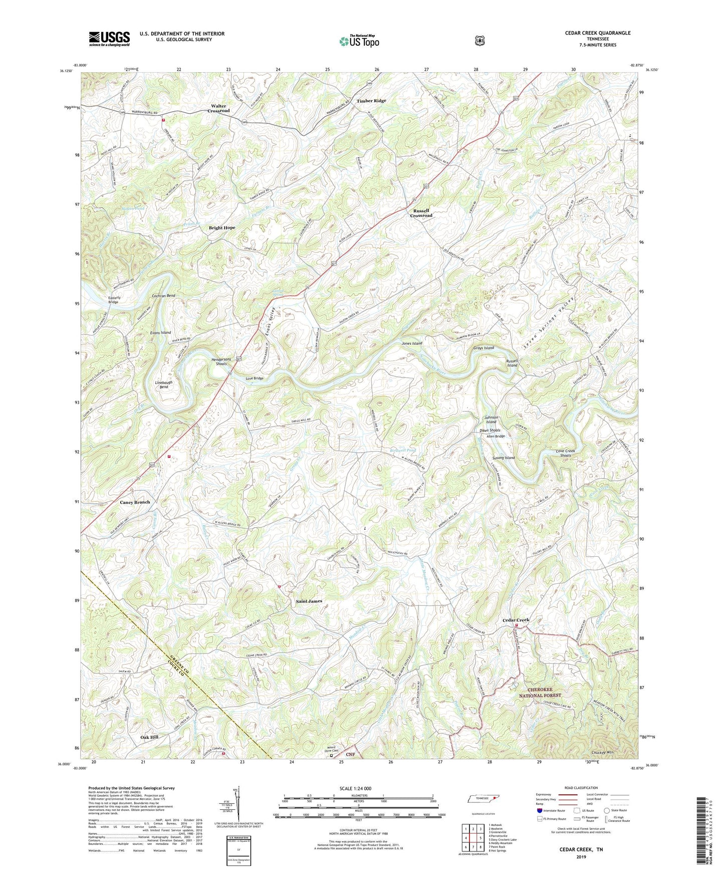 Cedar Creek Tennessee US Topo Map Image