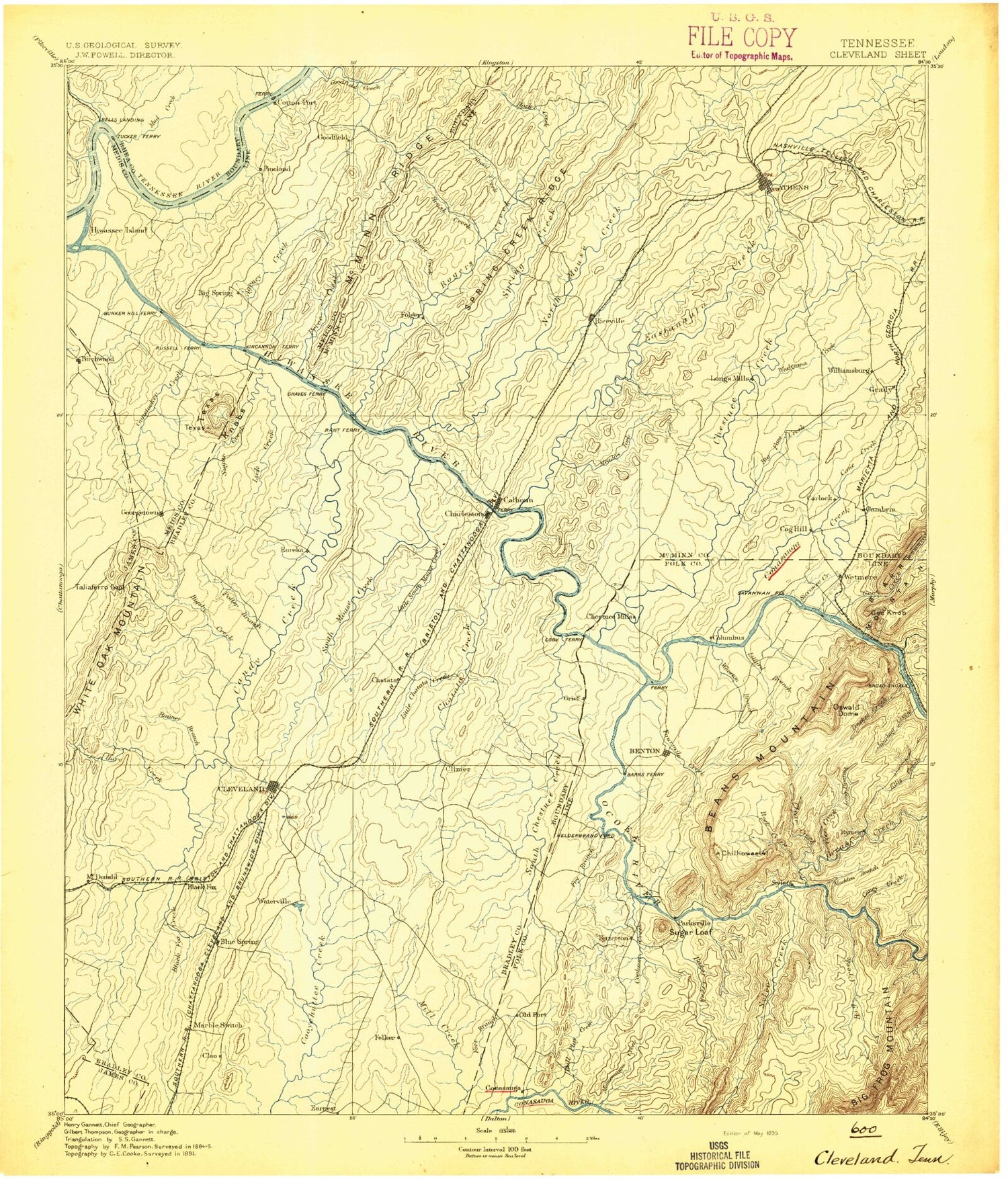 Historic 1895 Cleveland Tennessee 30'x30' Topo Map Image