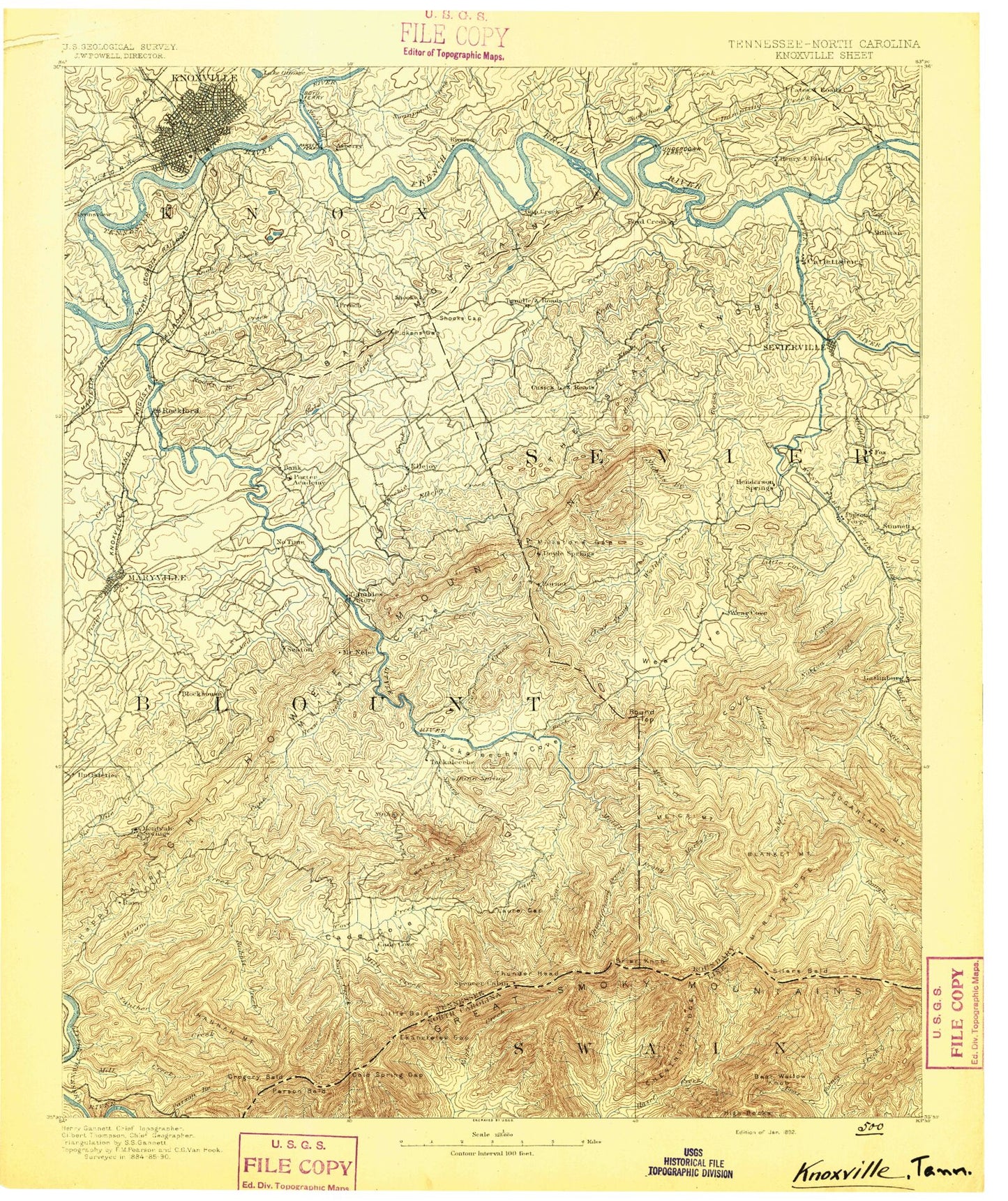 Historic 1892 Knoxville Tennessee 30'x30' Topo Map Image