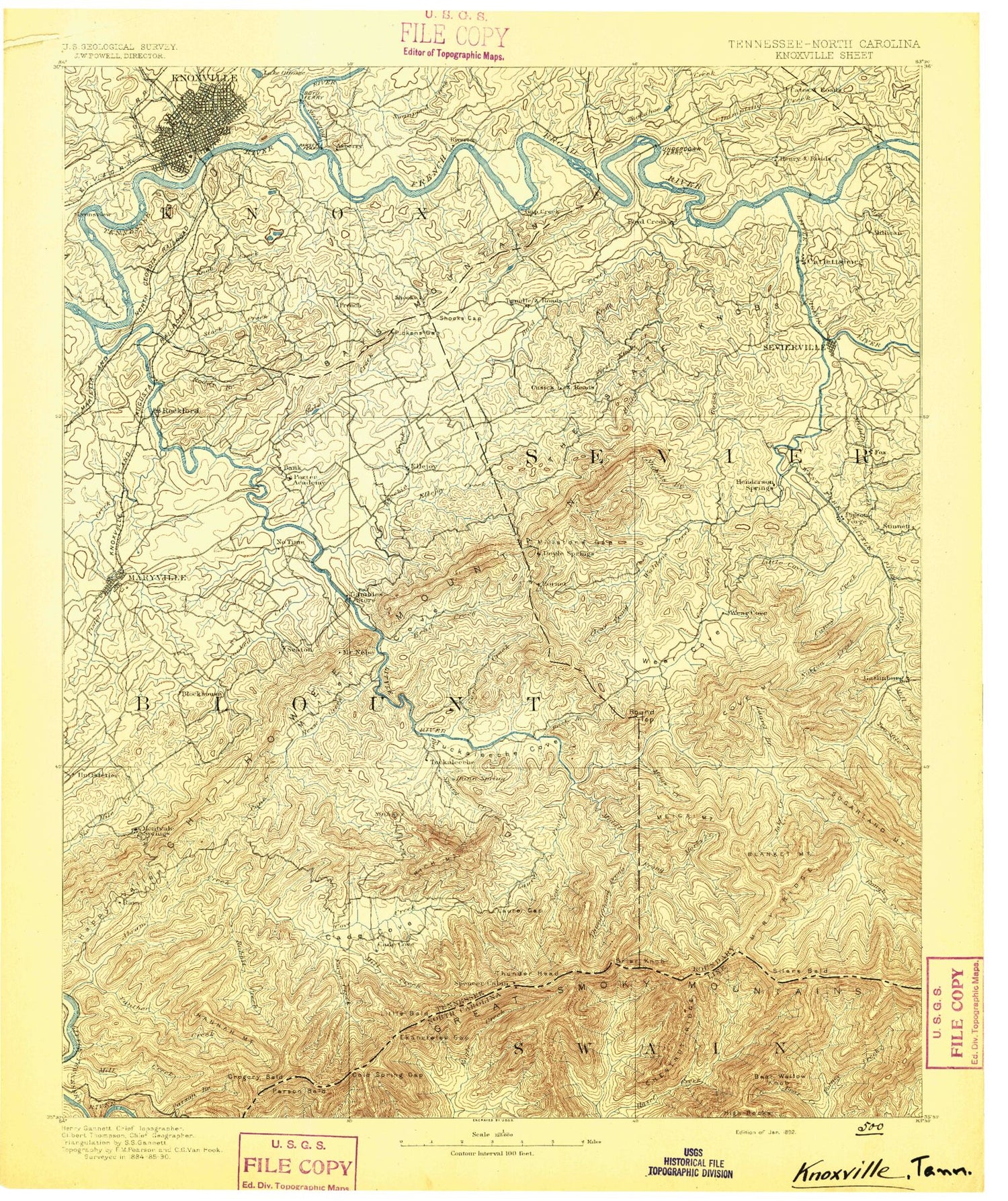 Historic 1892 Knoxville Tennessee 30'x30' Topo Map Image