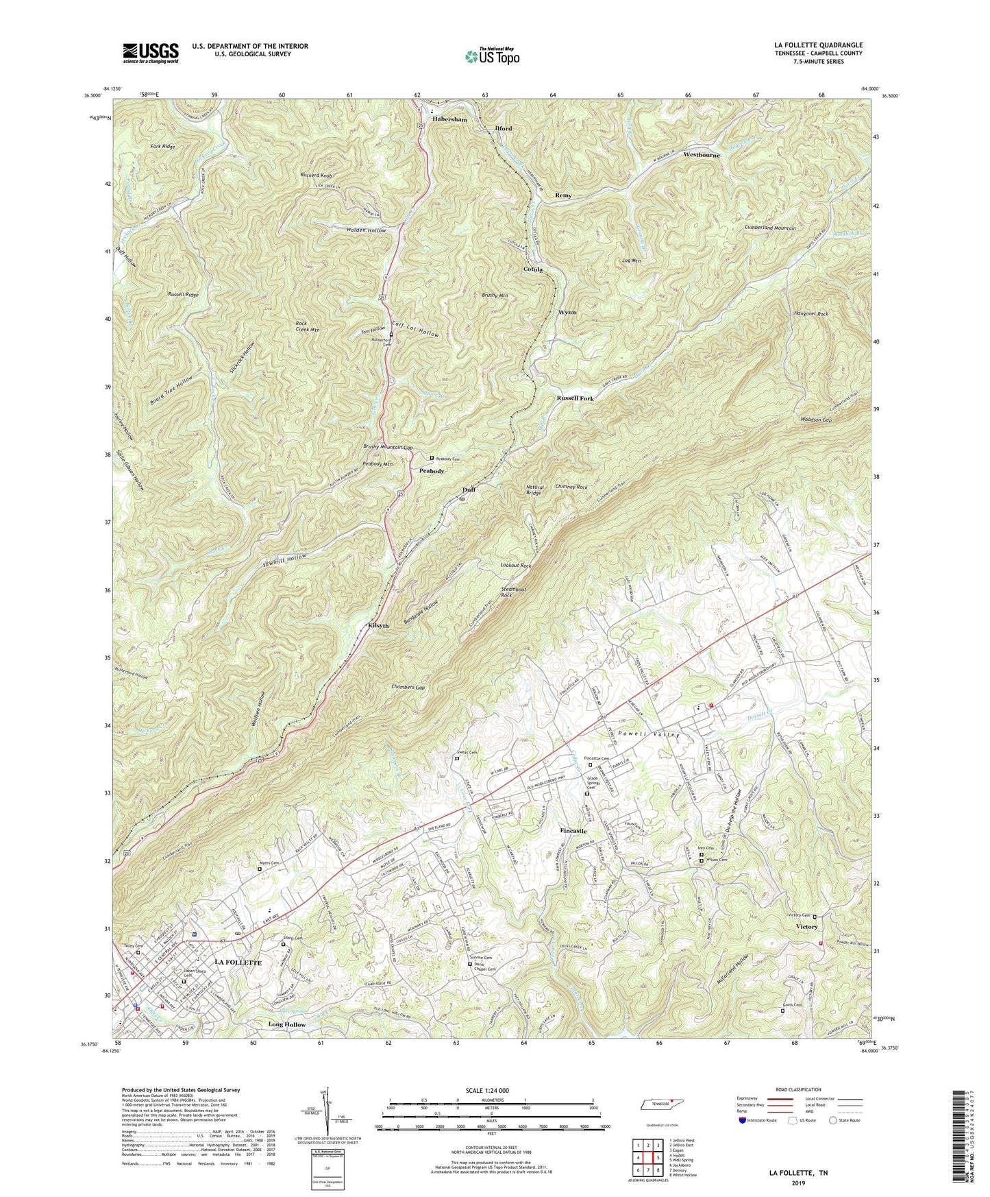 La Follette Tennessee US Topo Map Image