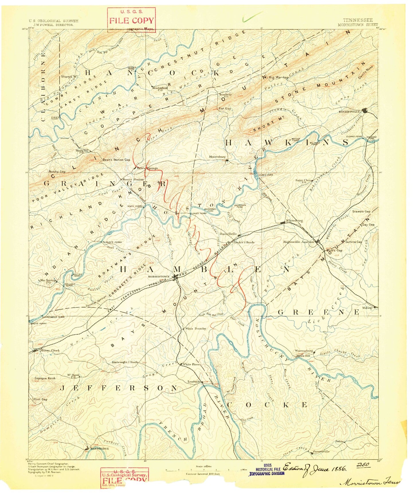 Historic 1883 Morristown Tennessee 30'x30' Topo Map Image