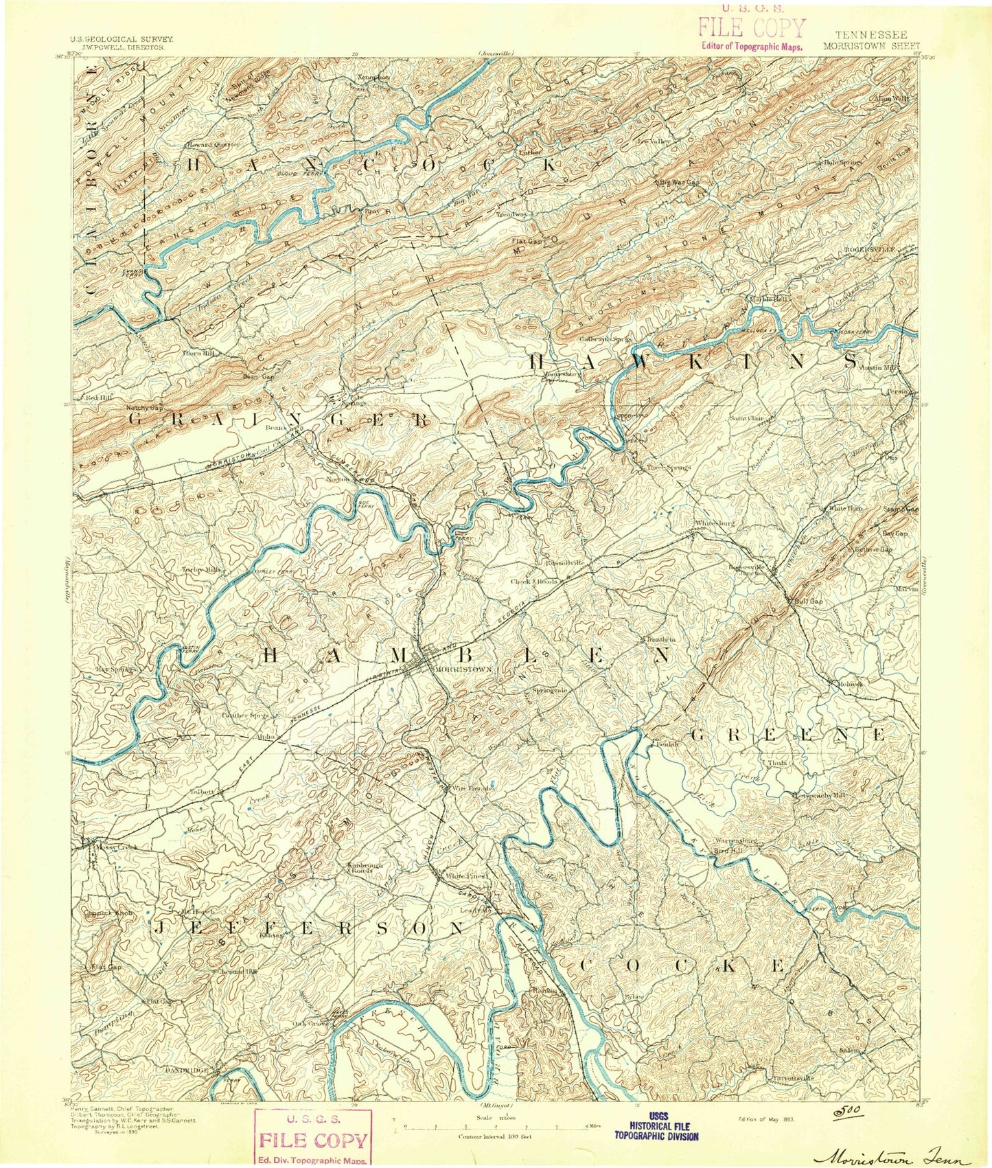 Historic 1893 Morristown Tennessee 30'x30' Topo Map Image