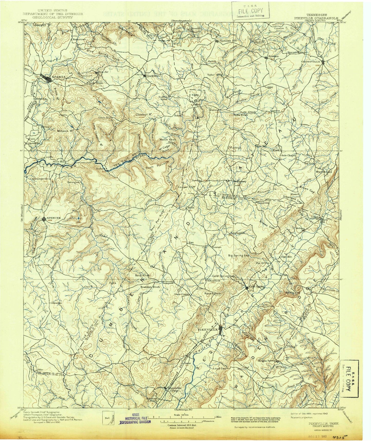 Historic 1895 Pikeville Tennessee 30'x30' Topo Map Image