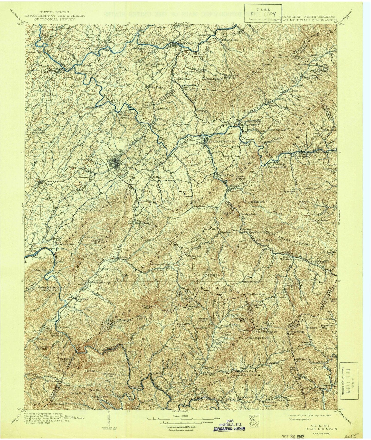 Historic 1904 Roan Mountain Tennessee 30'x30' Topo Map Image