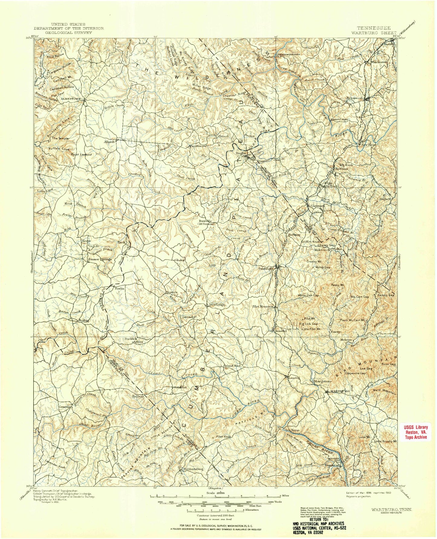 Historic 1896 Wartburg Tennessee 30'x30' Topo Map Image