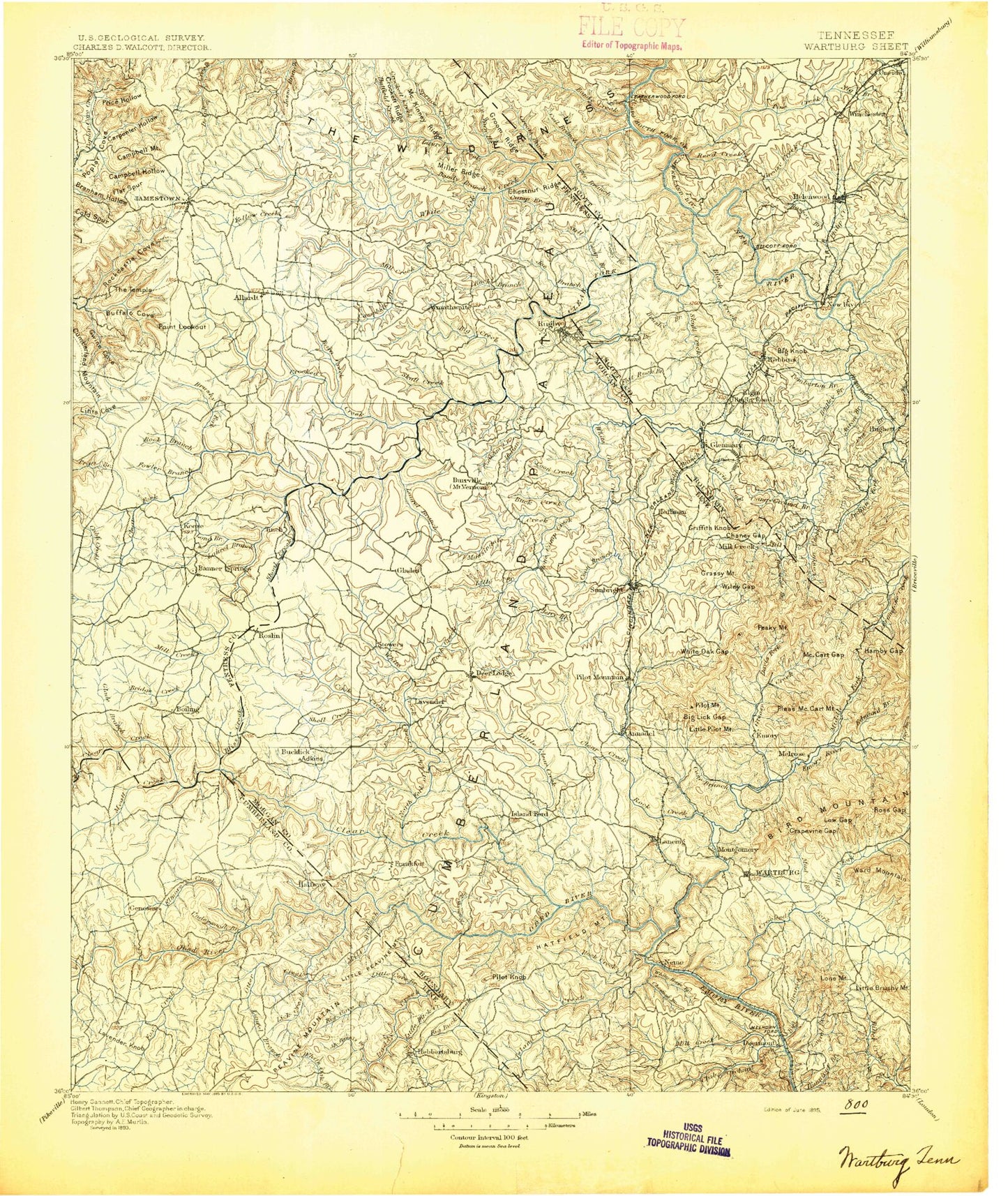 Historic 1895 Wartburg Tennessee 30'x30' Topo Map Image