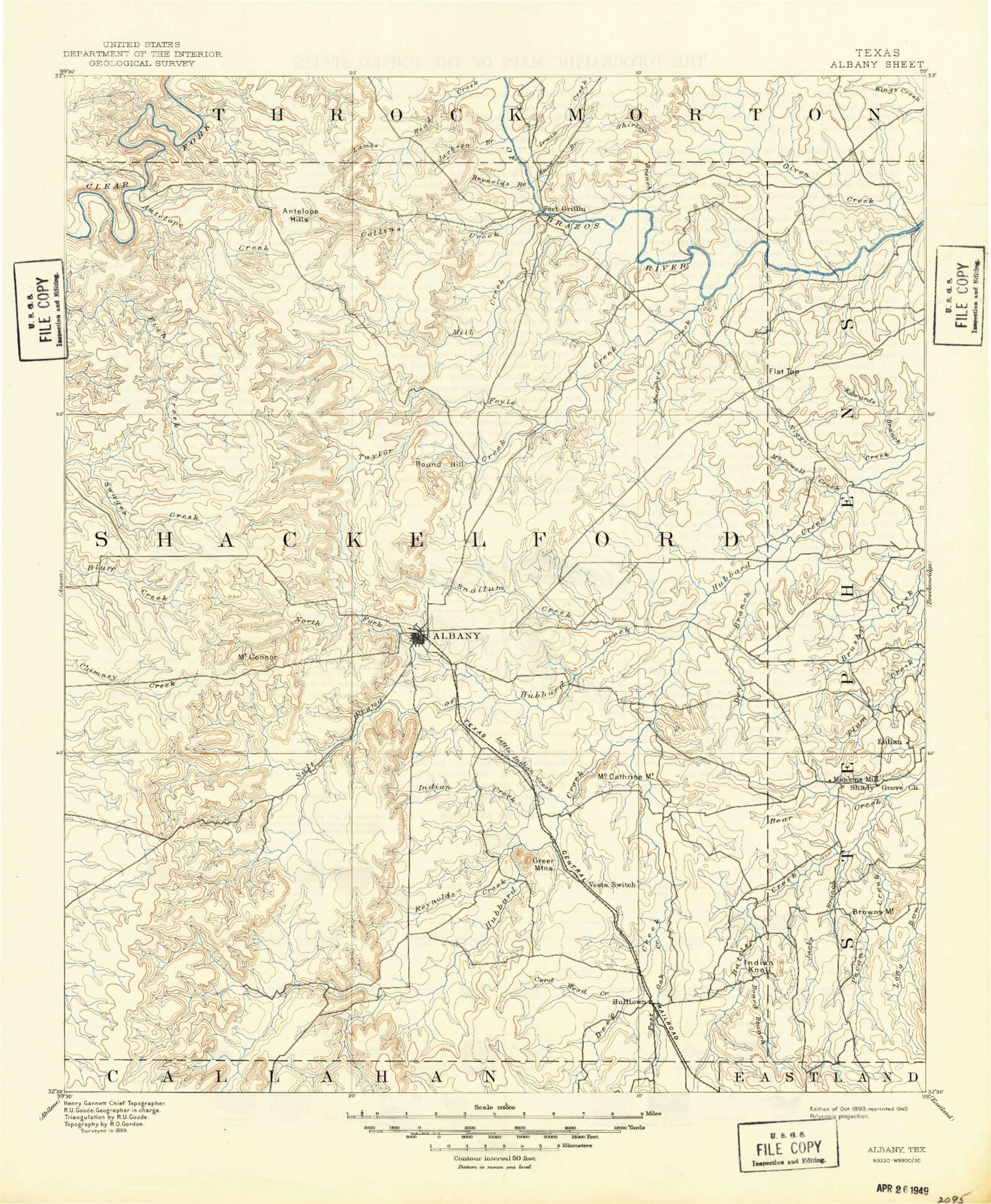 Historic 1893 Albany Texas 30'x30' Topo Map Image