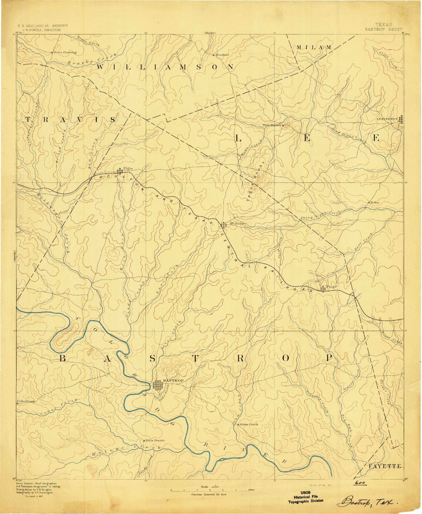 Historic 1893 Bastrop Texas 30'x30' Topo Map Image