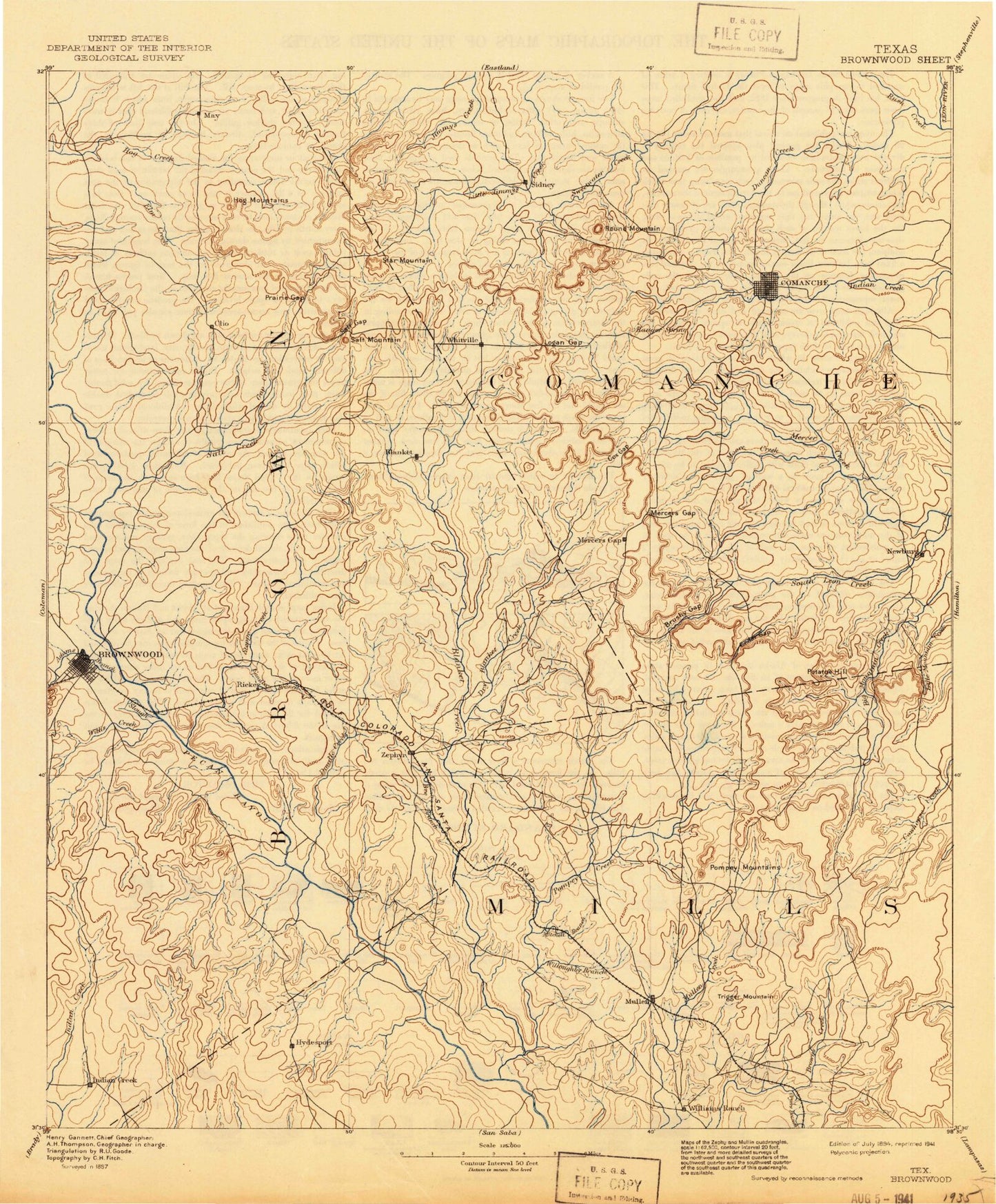 Historic 1894 Brownwood Texas 30'x30' Topo Map Image