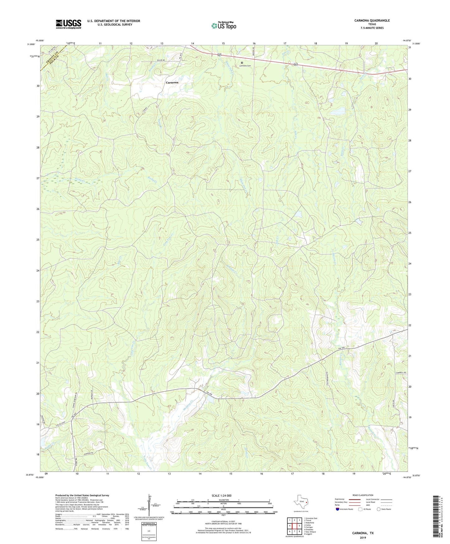 Carmona Texas US Topo Map Image