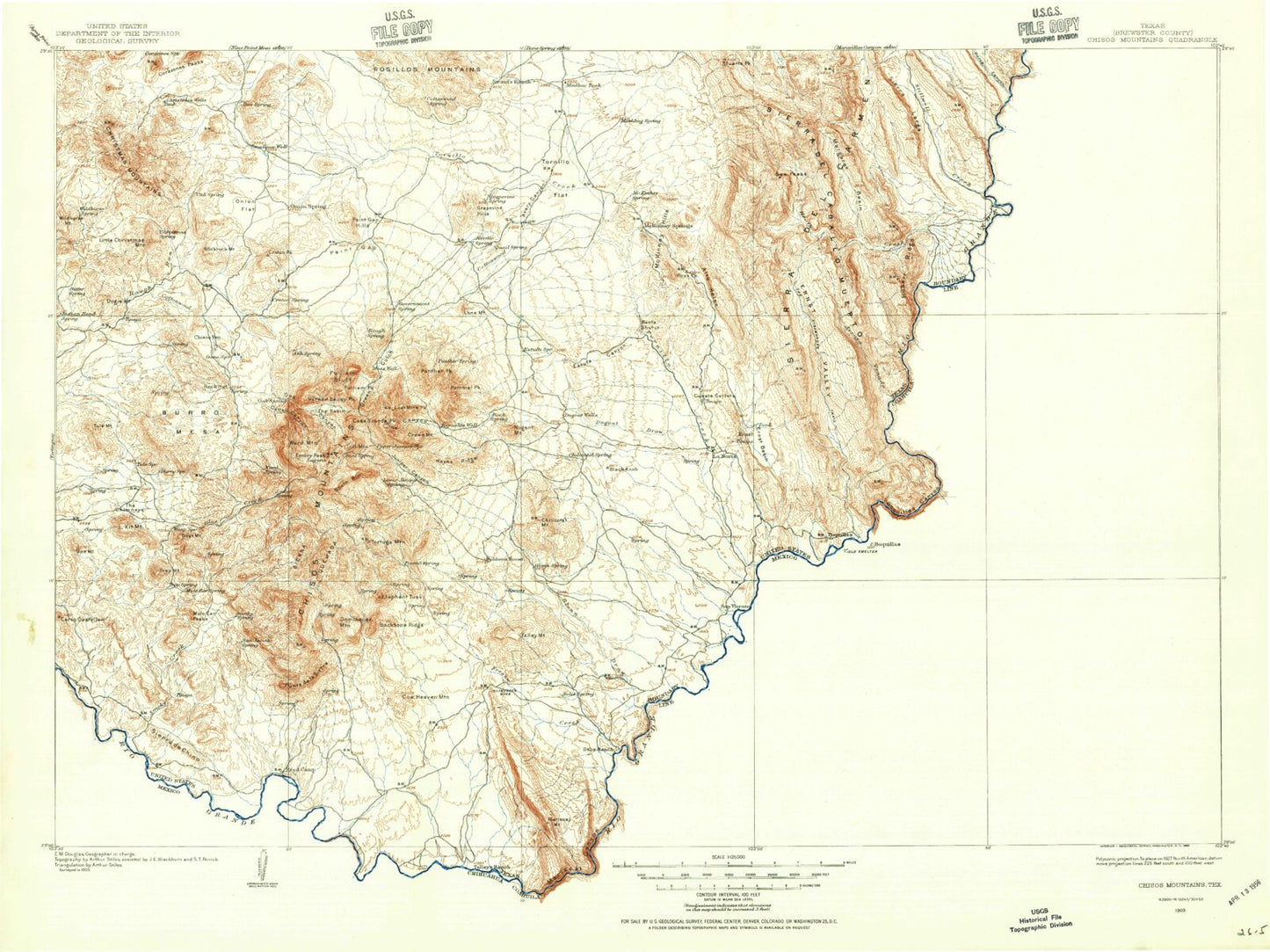 Historic 1903 Chisos Mountains Texas 30'x30' Topo Map Image