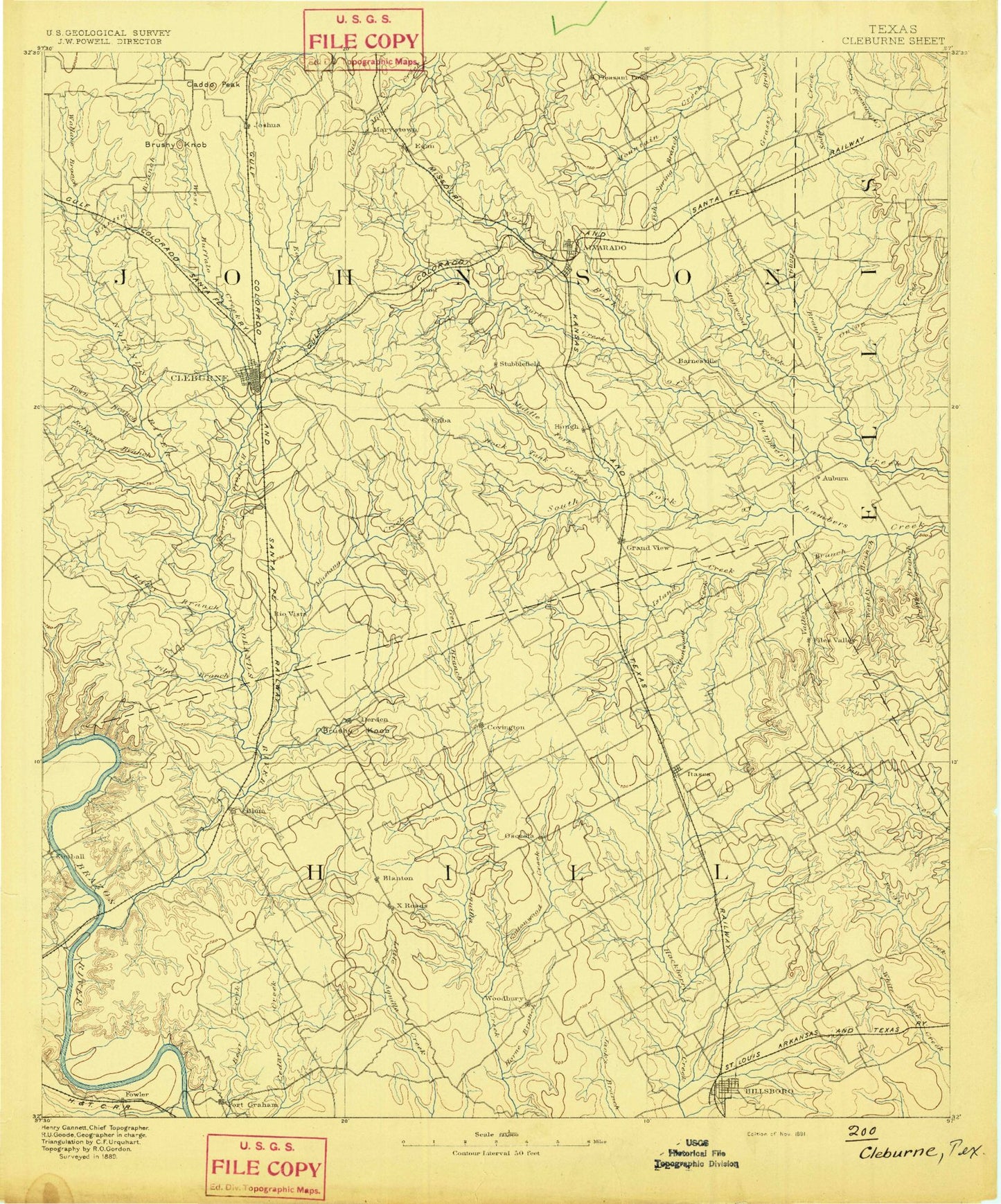 Historic 1891 Cleburne Texas 30'x30' Topo Map Image