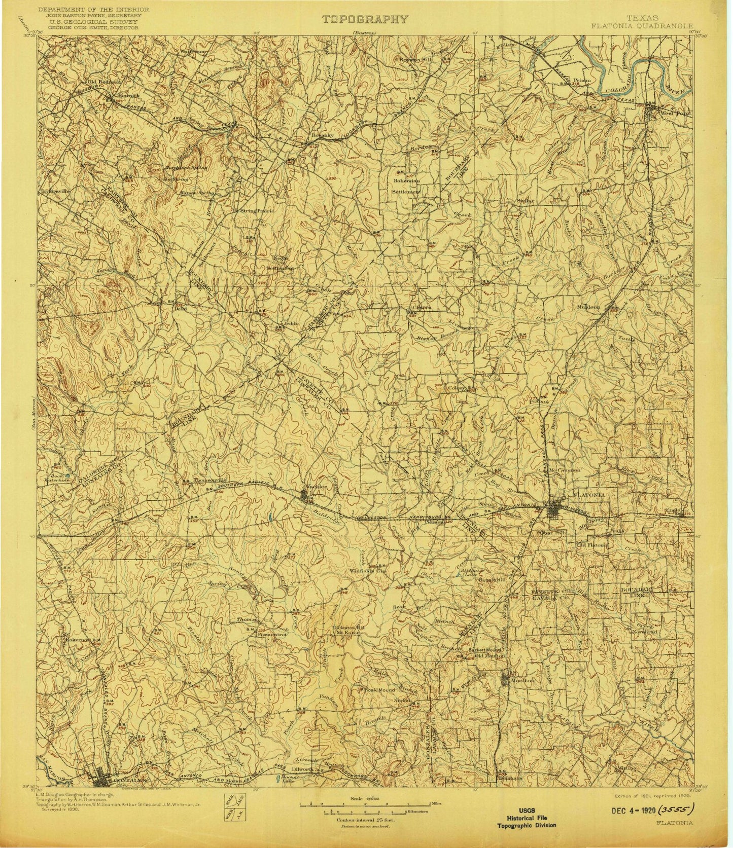 Historic 1901 Flatonia Texas 30'x30' Topo Map Image