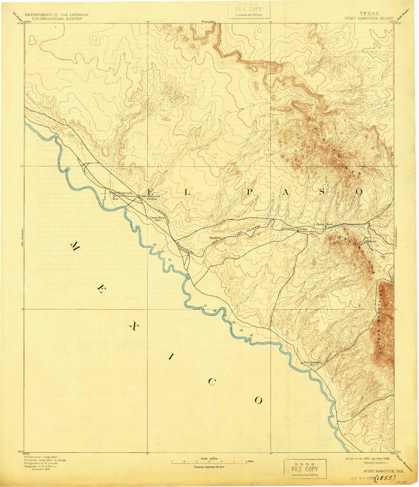 Historic 1894 Fort Hancock Texas 30'x30' Topo Map Image
