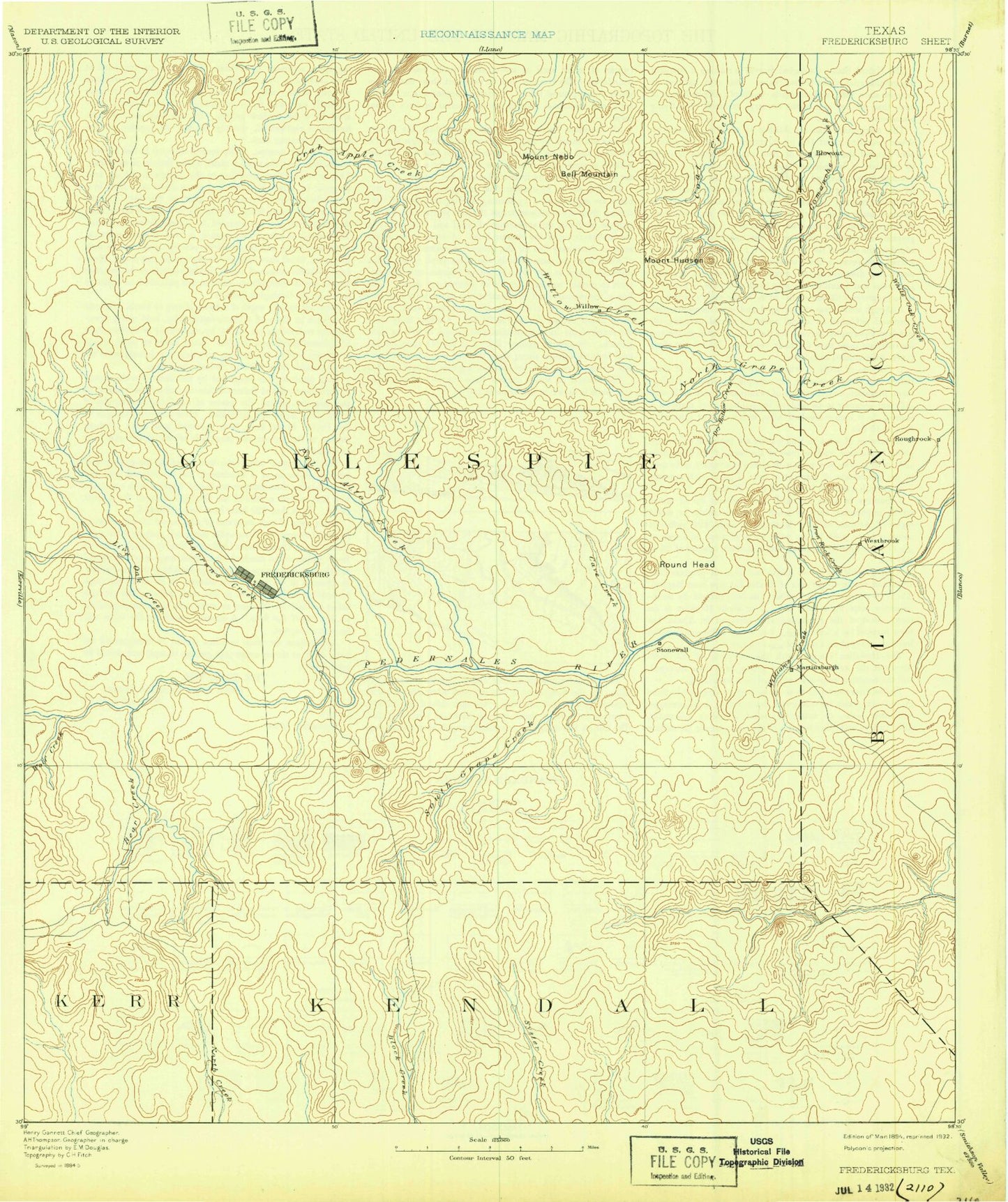 Historic 1894 Fredericksburg Texas 30'x30' Topo Map Image