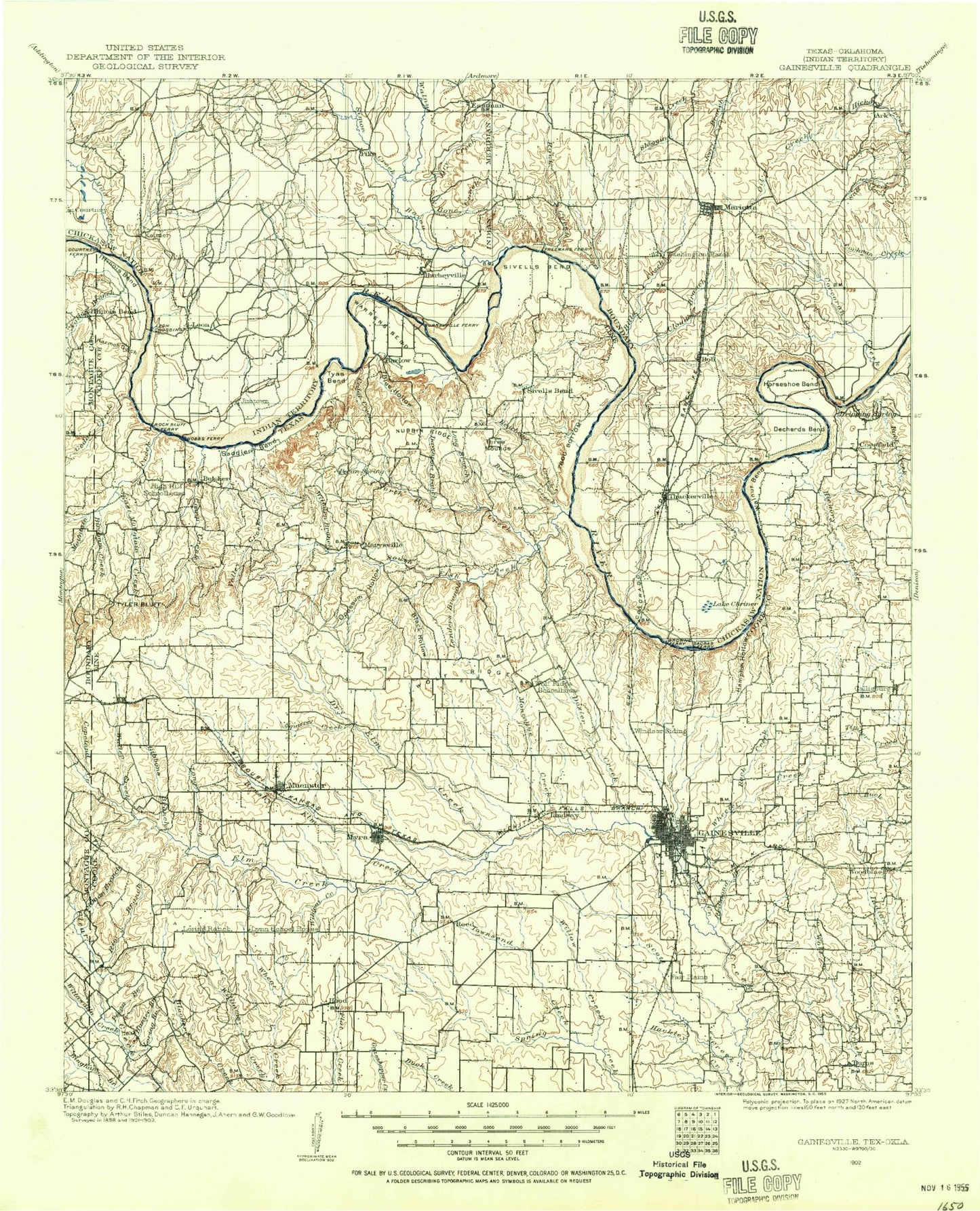 Historic 1902 Gainesville Texas 30'x30' Topo Map Image
