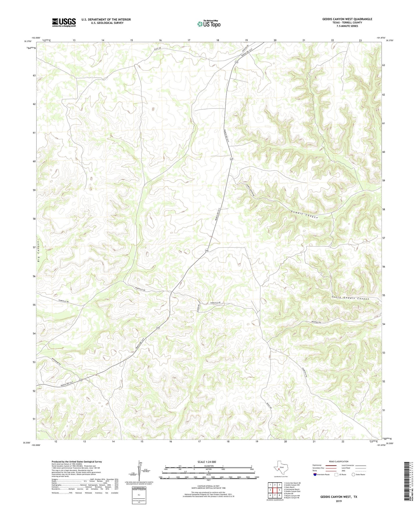 Geddis Canyon West Texas US Topo Map Image