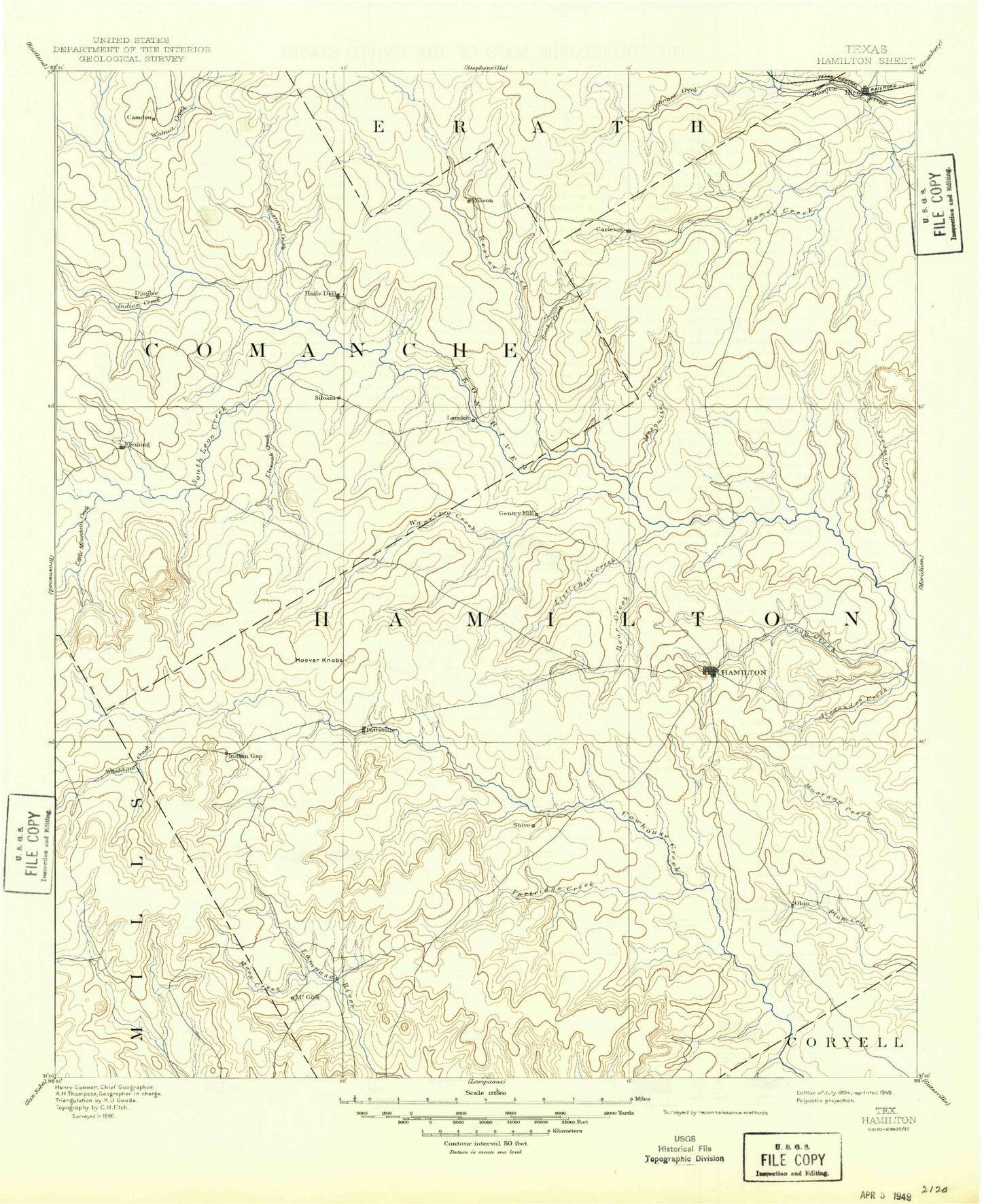 Historic 1894 Hamilton Texas 30'x30' Topo Map Image
