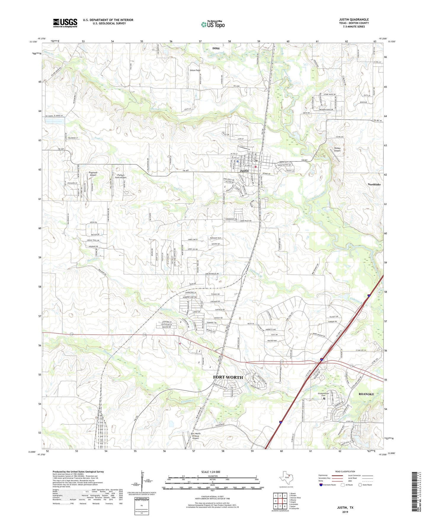Justin Texas US Topo Map Image