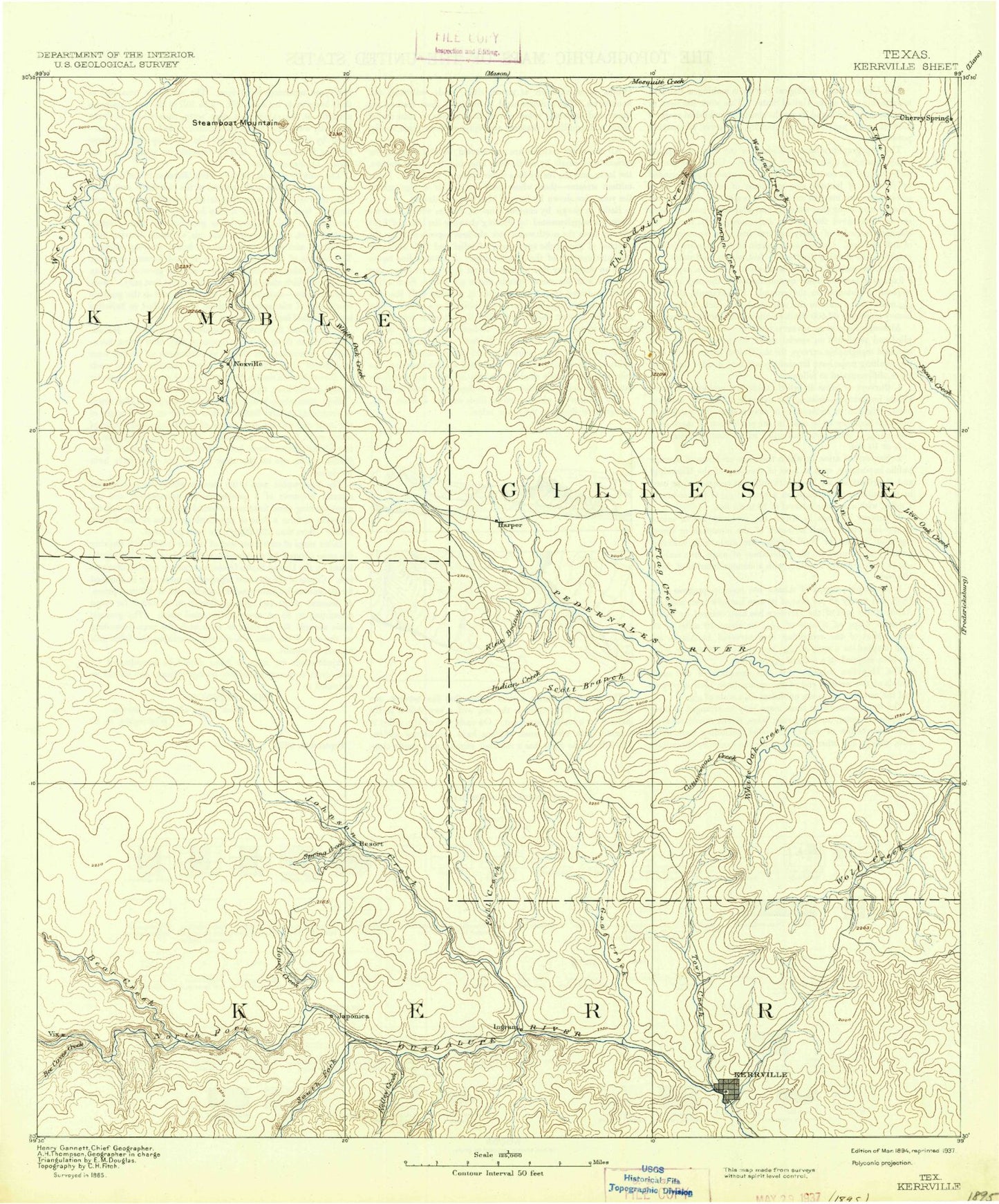Historic 1894 Kerrville Texas 30'x30' Topo Map Image
