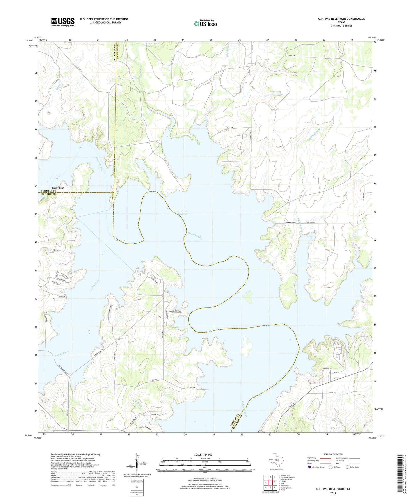 O.H. Ivie Reservoir Texas US Topo Map Image