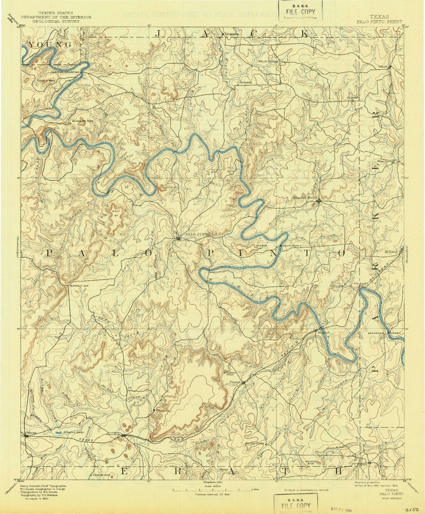 Historic 1891 Palo Pinto Texas 30'x30' Topo Map Image