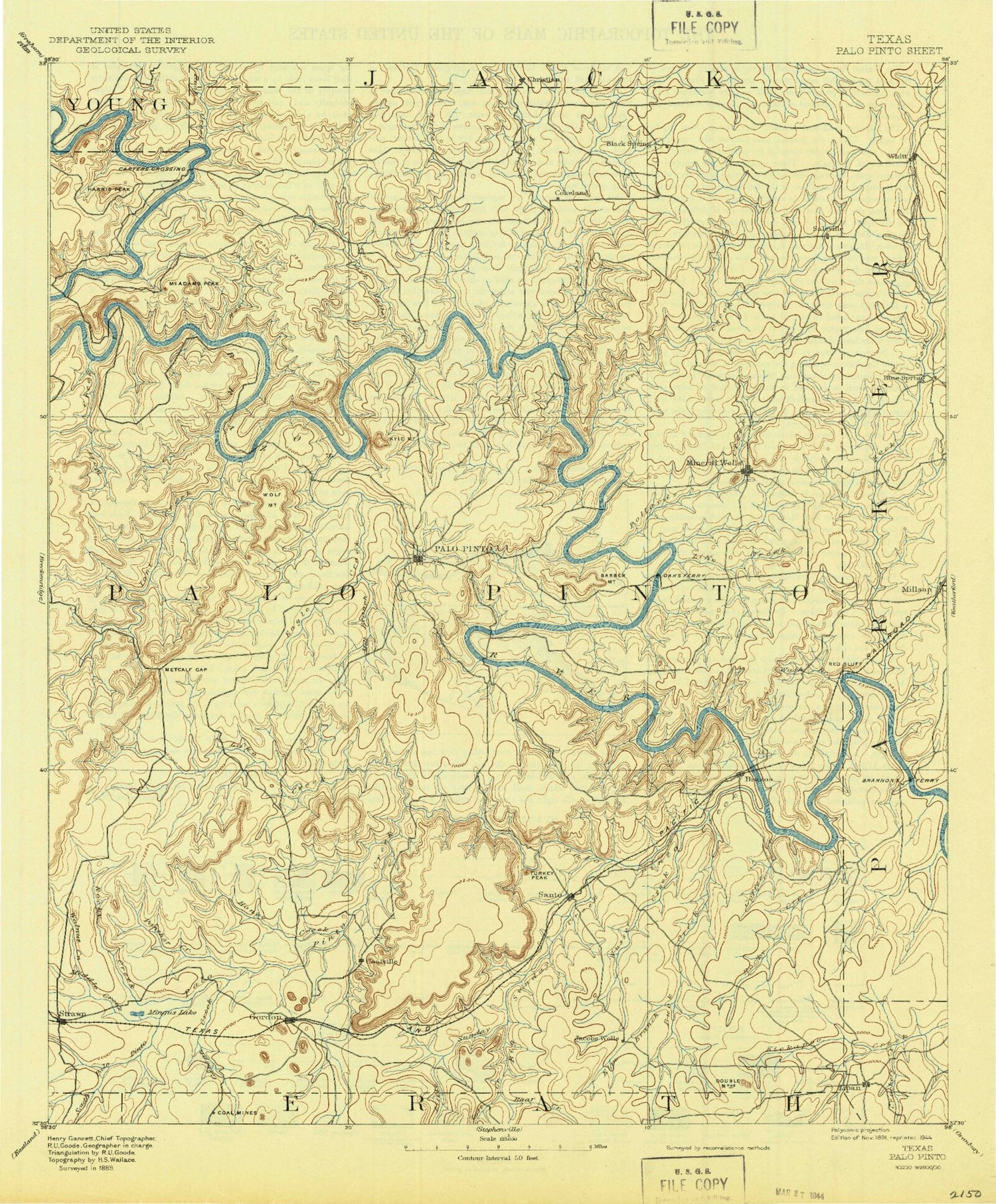 Historic 1891 Palo Pinto Texas 30'x30' Topo Map Image