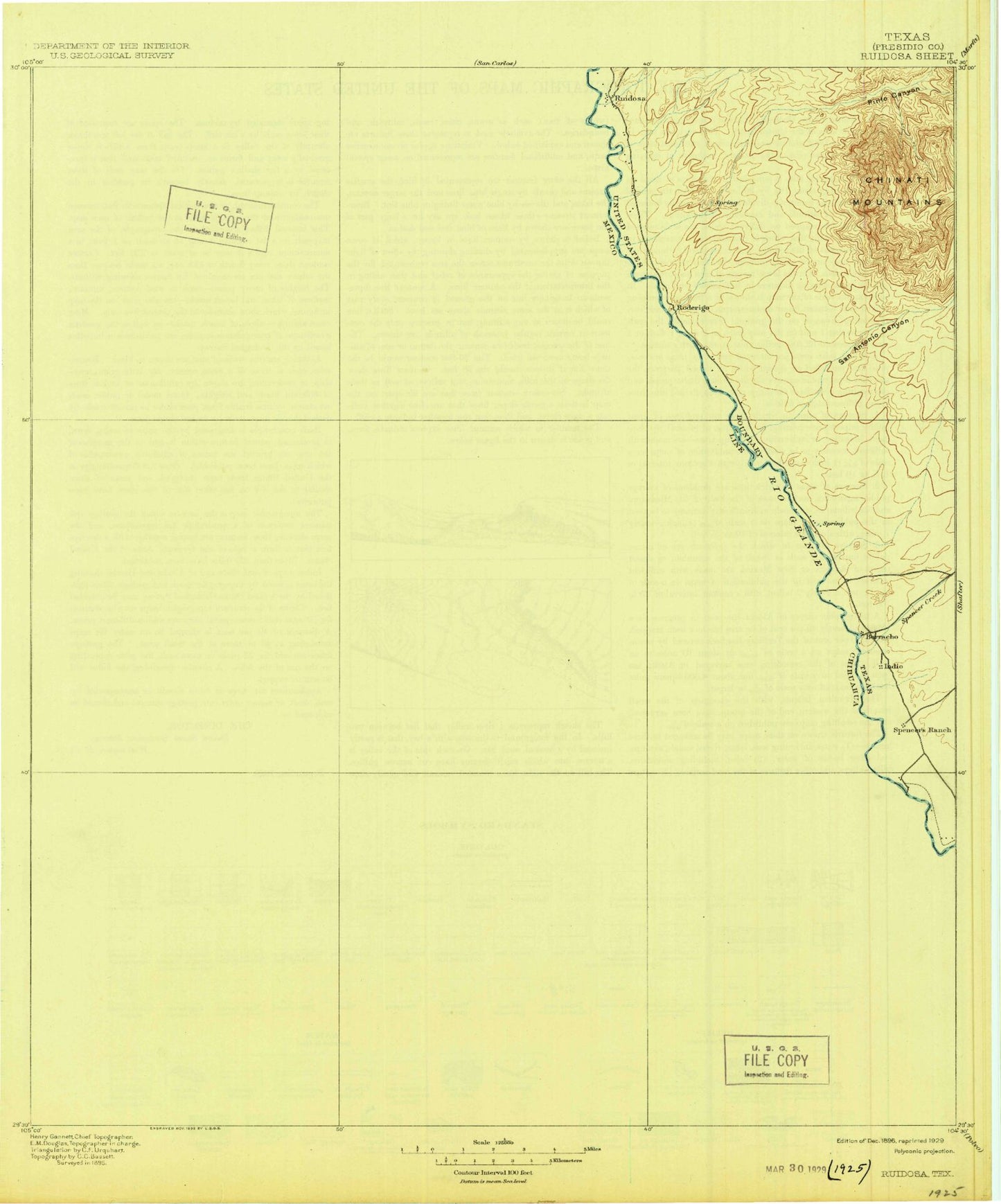 Historic 1896 Ruidosa Texas 30'x30' Topo Map Image