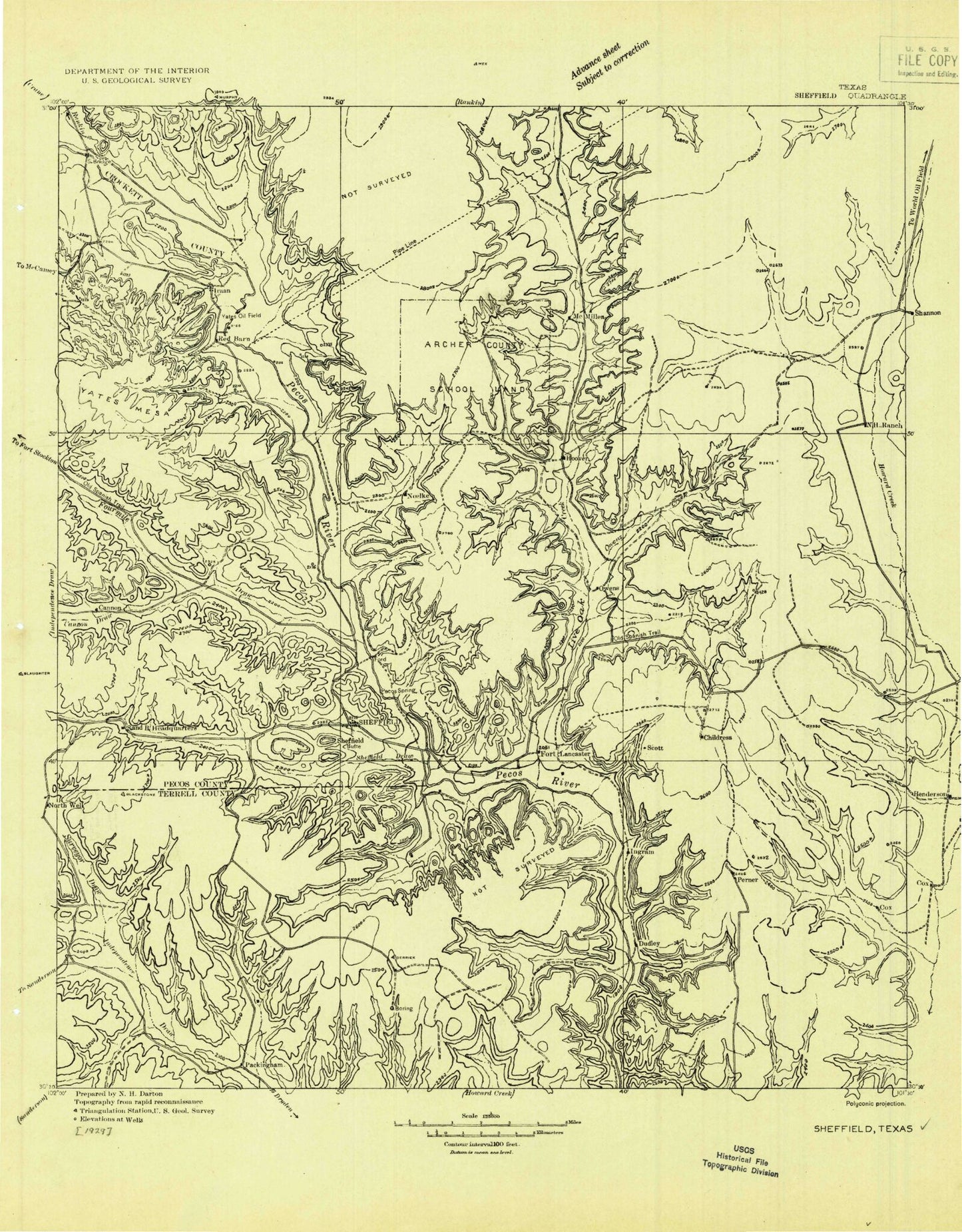 Historic 1929 Seffield Texas 30'x30' Topo Map Image