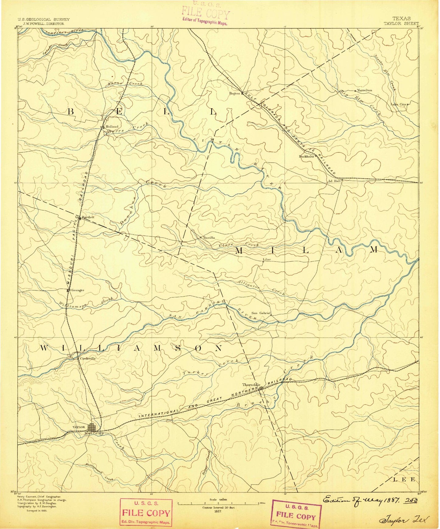 Historic 1887 Taylor Texas 30'x30' Topo Map Image