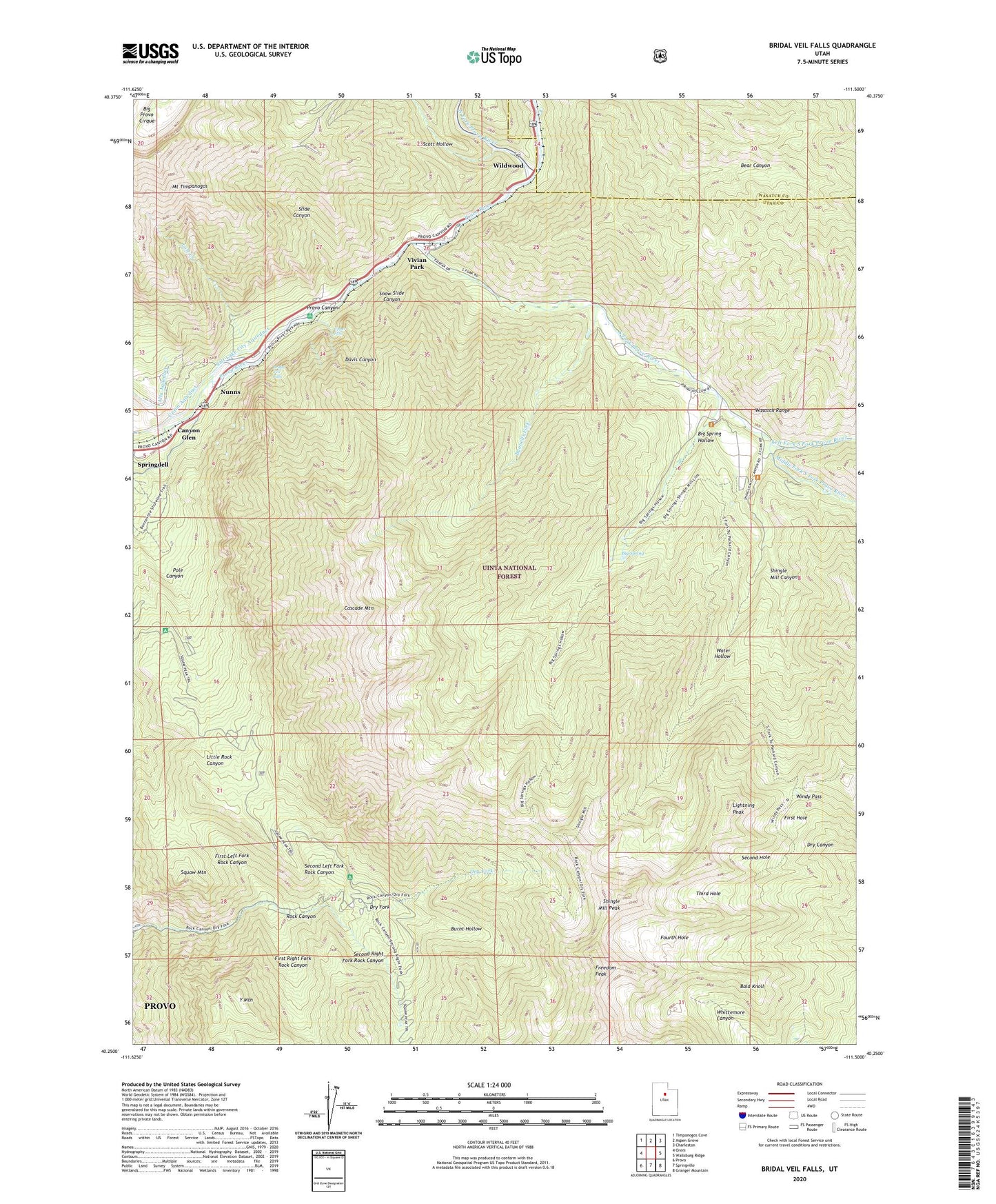 Bridal Veil Falls Utah US Topo Map Image