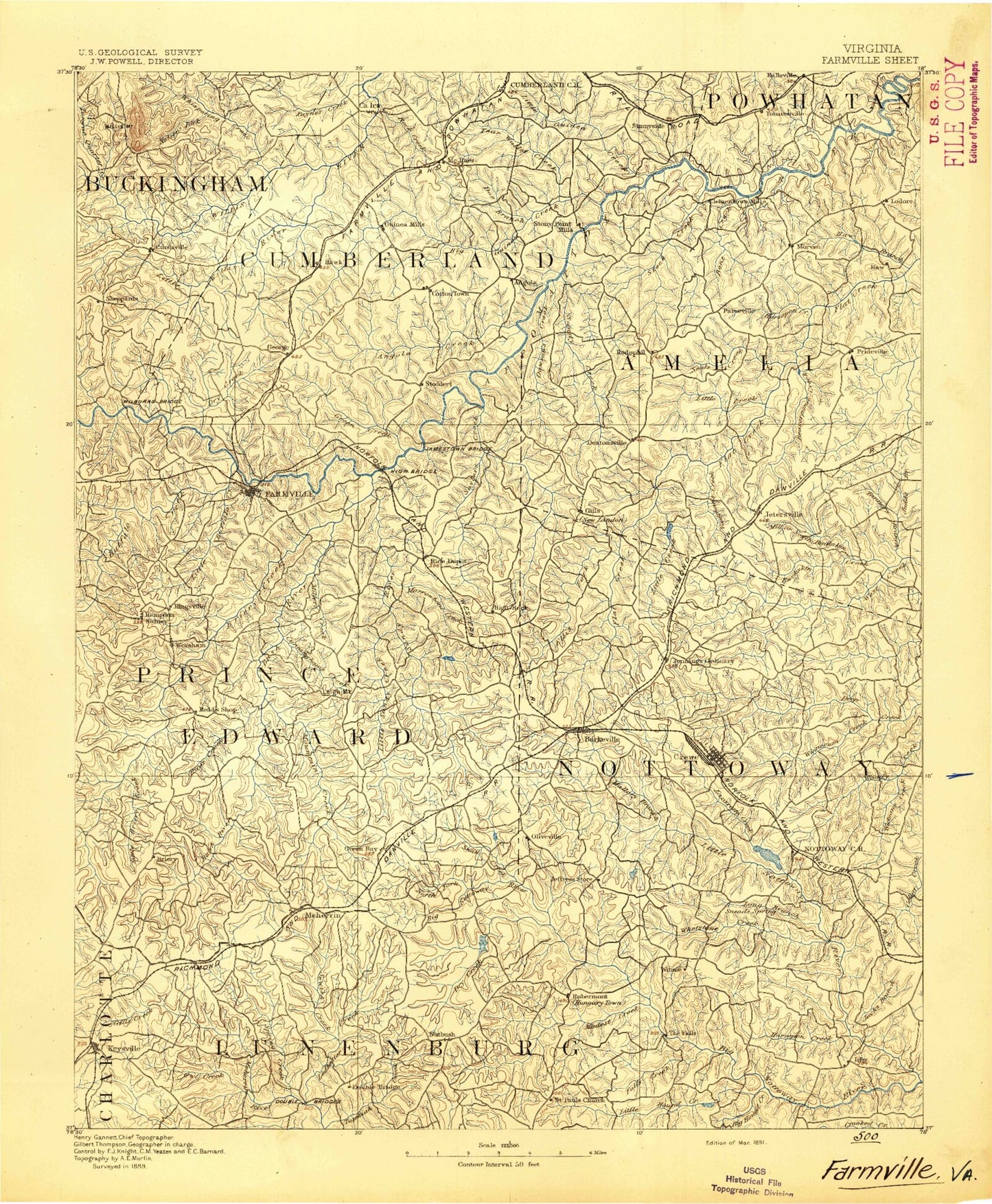 Historic 1891 Farmville Virginia 30'x30' Topo Map Image