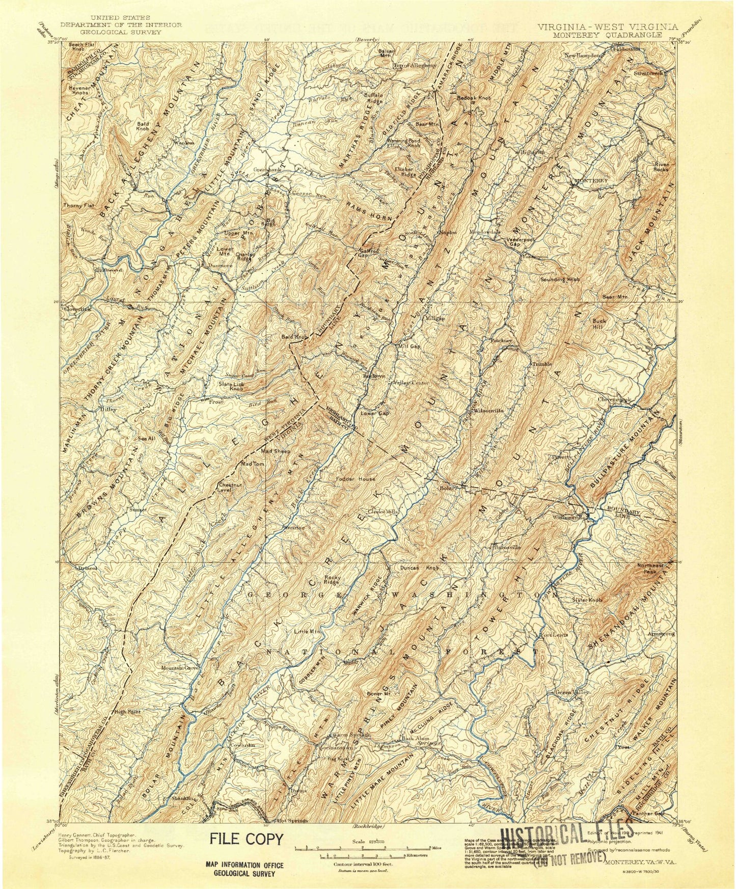 Historic 1901 Monterey Virginia 30'x30' Topo Map Image