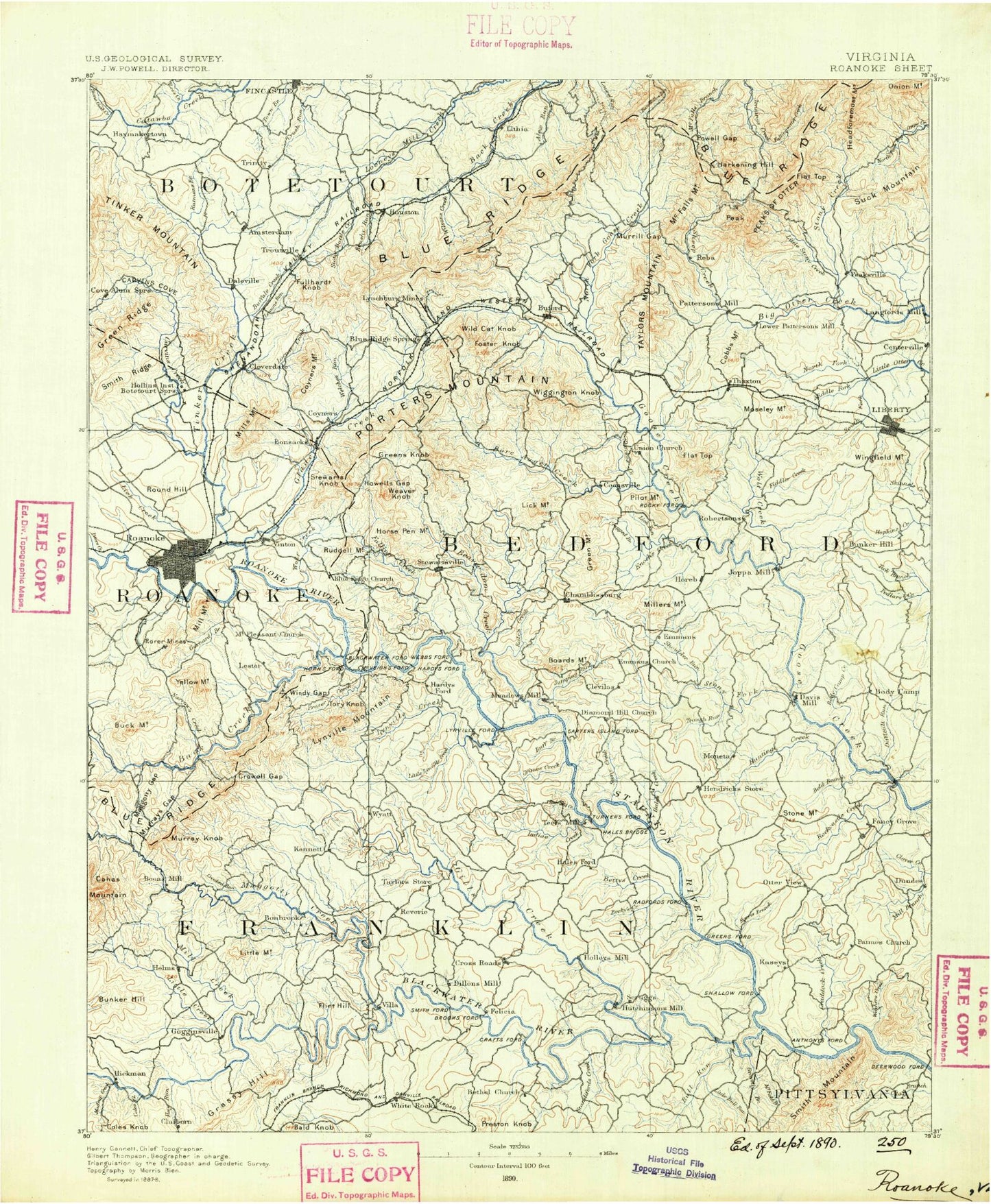 Historic 1890 Bedford Virginia 30'x30' Topo Map Image