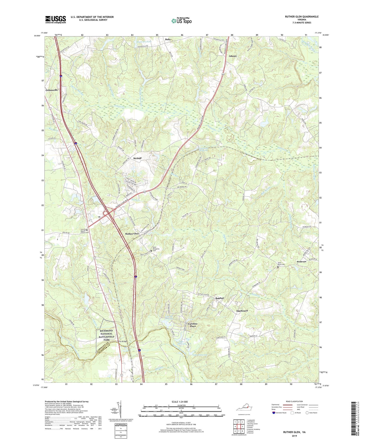 Ruther Glen Virginia US Topo Map Image