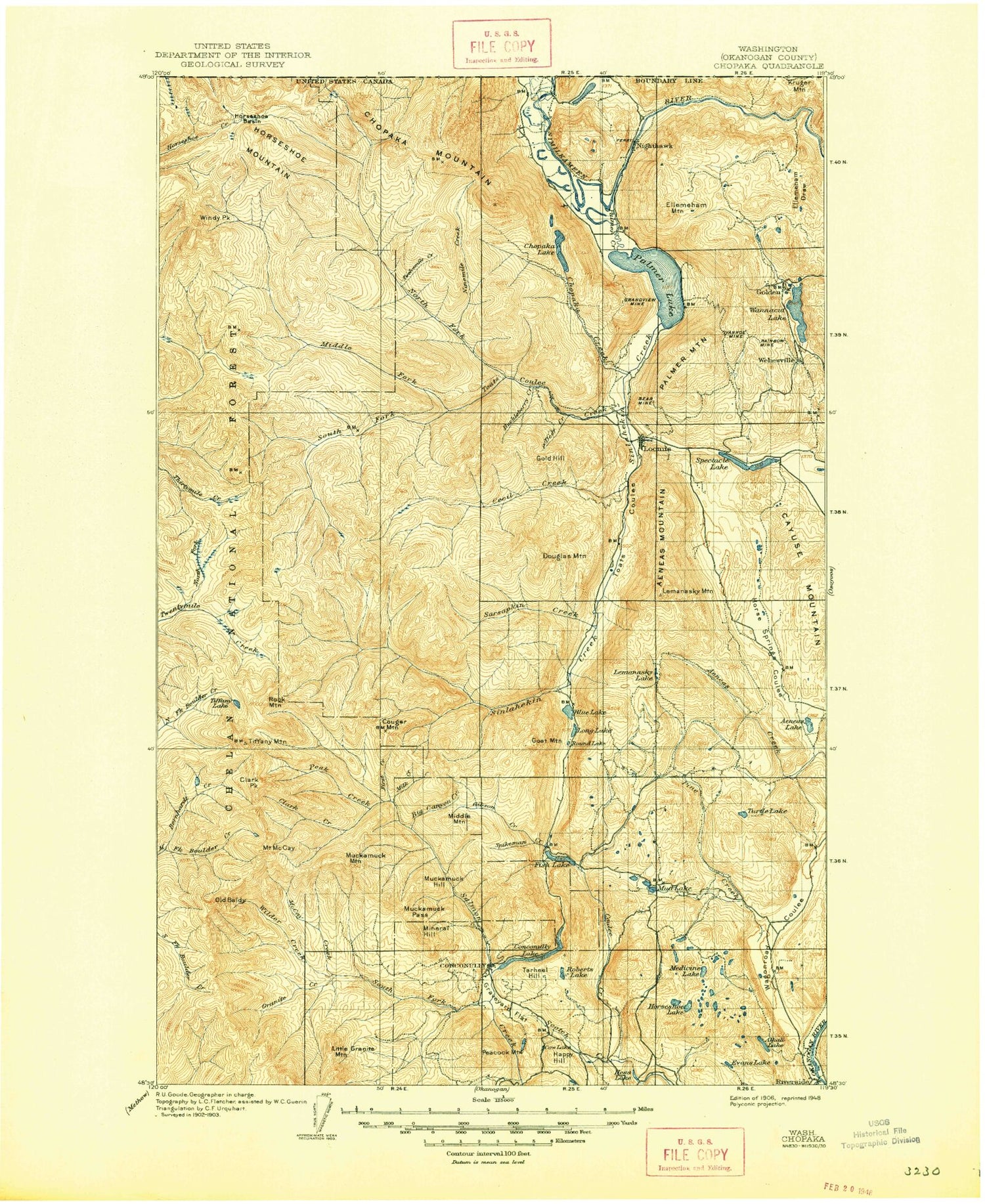 Historic 1906 Chopaka Washington 30'x30' Topo Map Image