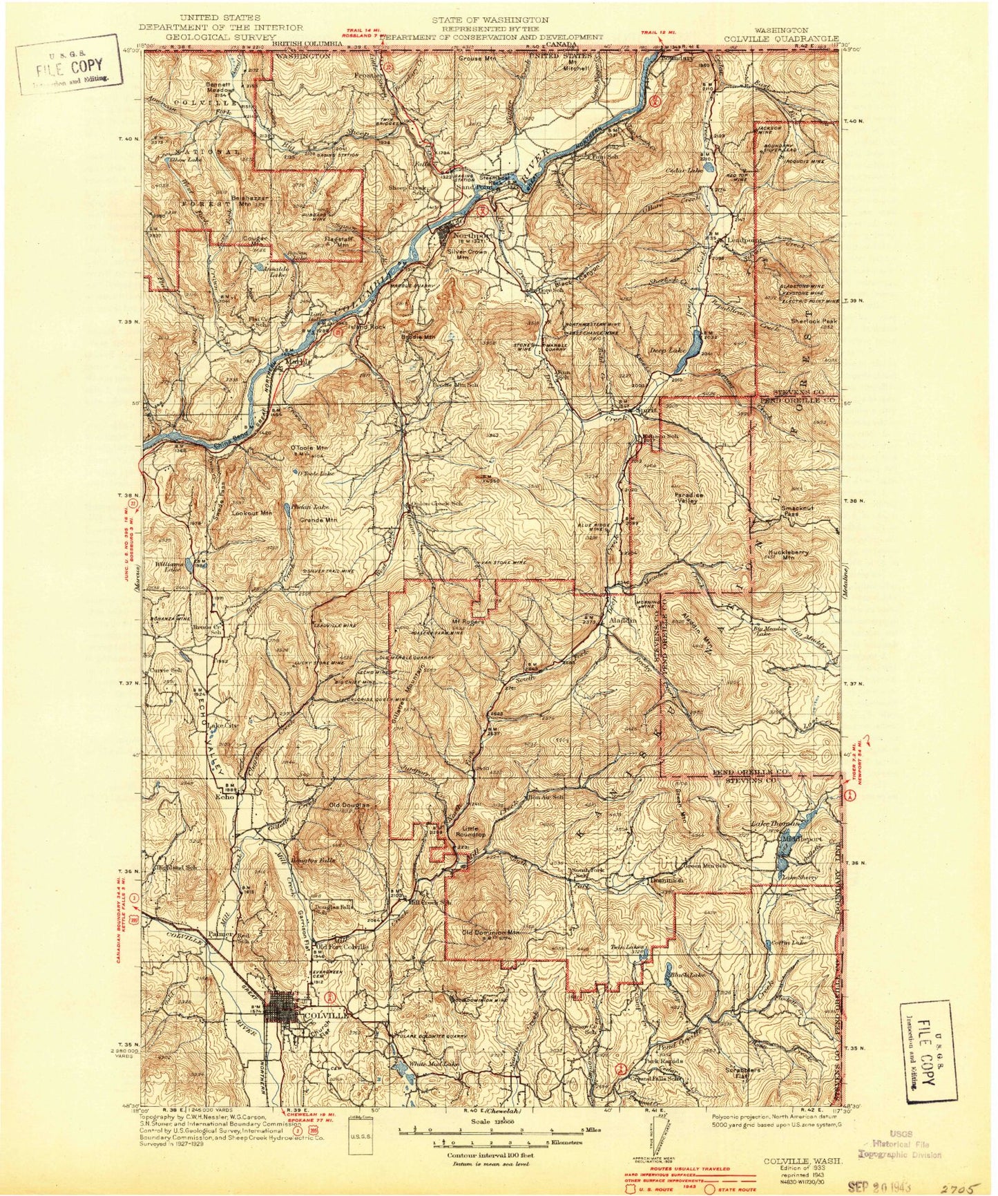 Historic 1933 Colville Washington 30'x30' Topo Map Image