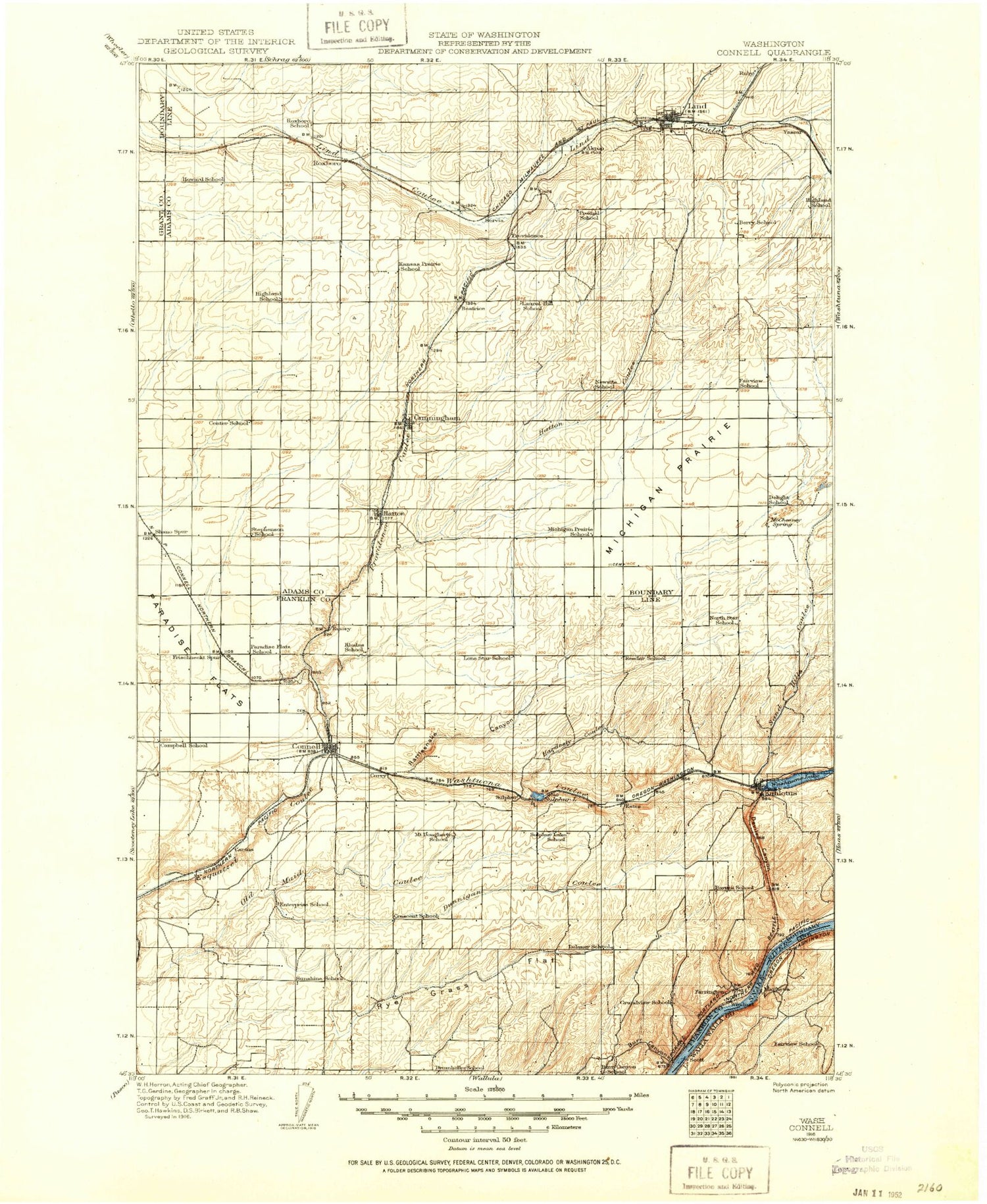 Historic 1916 Connell Washington 30'x30' Topo Map Image