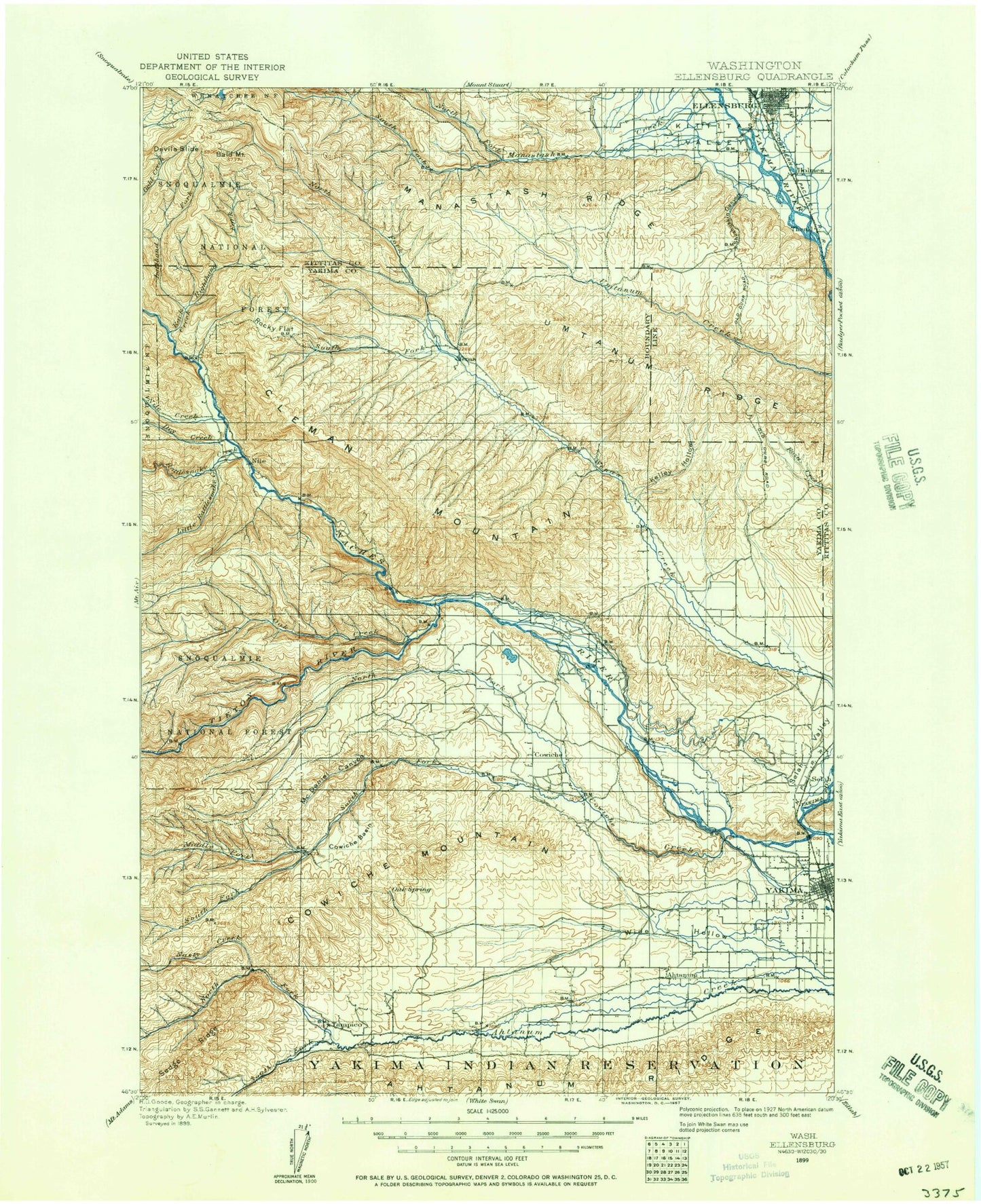 Historic 1899 Ellensburg Washington 30'x30' Topo Map Image