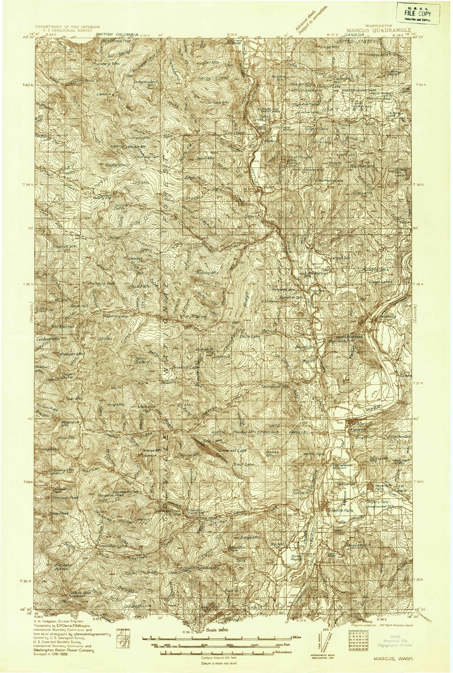 Historic 1936 Marcus Washington 30'x30' Topo Map Image
