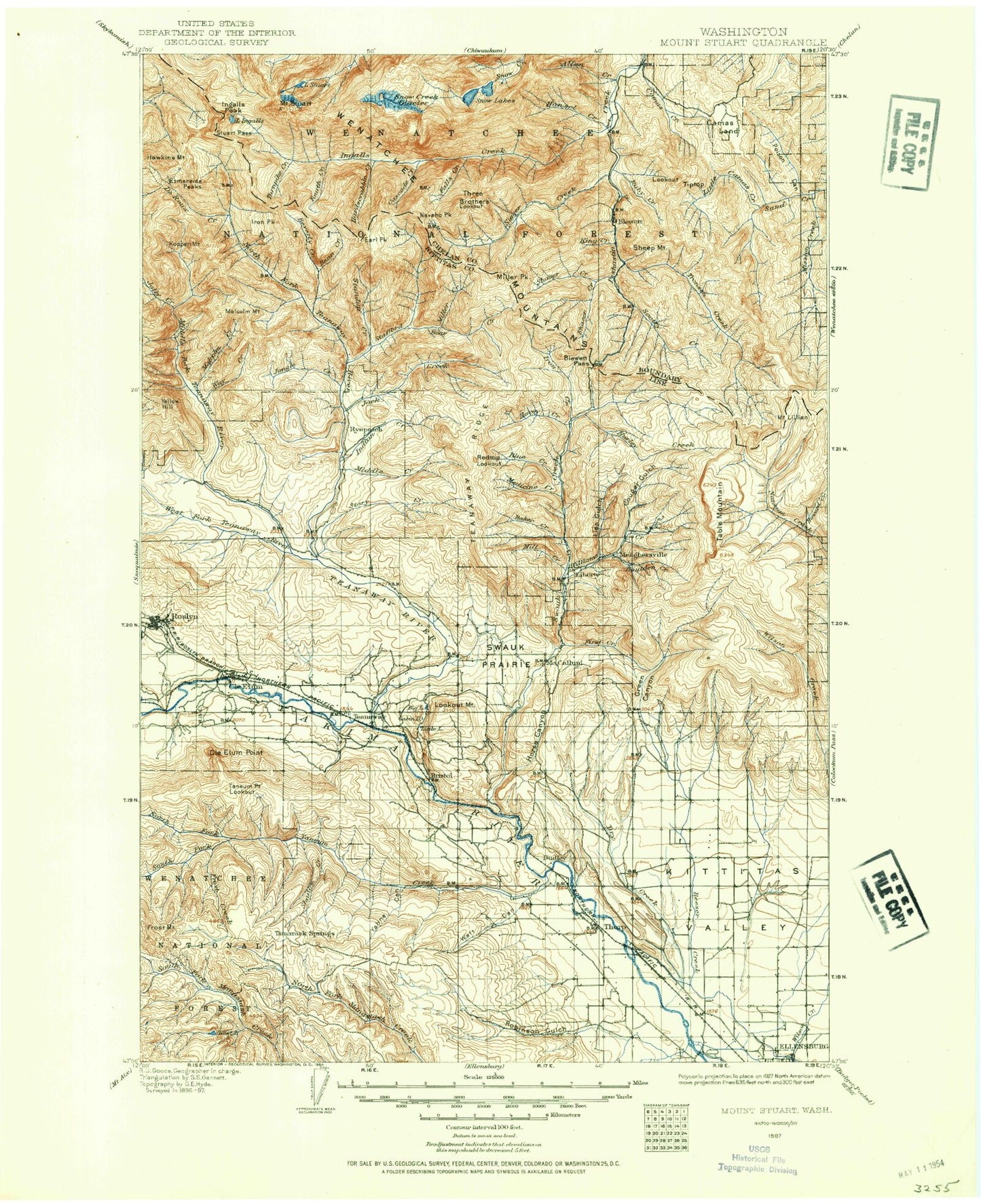 Historic 1897 Mount Stuan Washington 30'x30' Topo Map Image