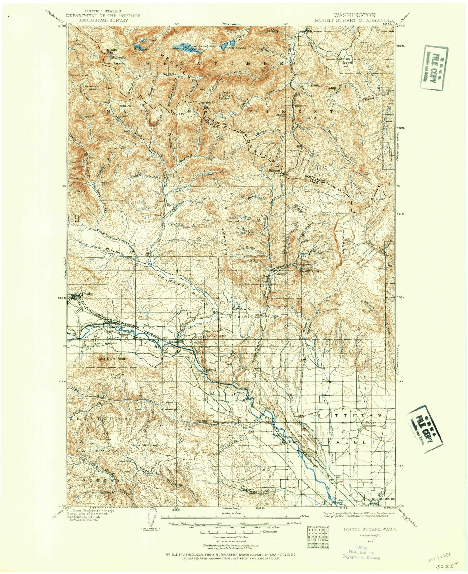 Historic 1897 Mount Stuan Washington 30'x30' Topo Map Image