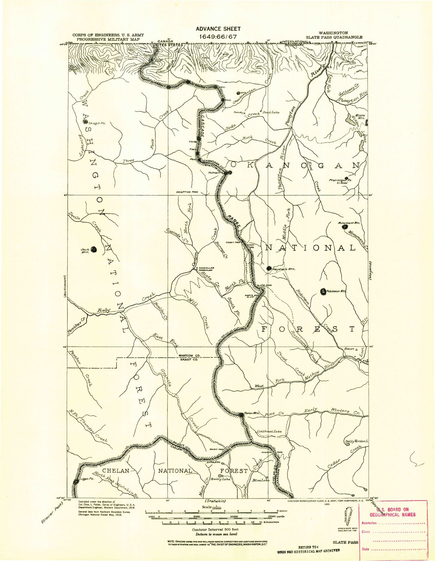 Historic 1920 Slate Pass Washington 30'x30' Topo Map Image