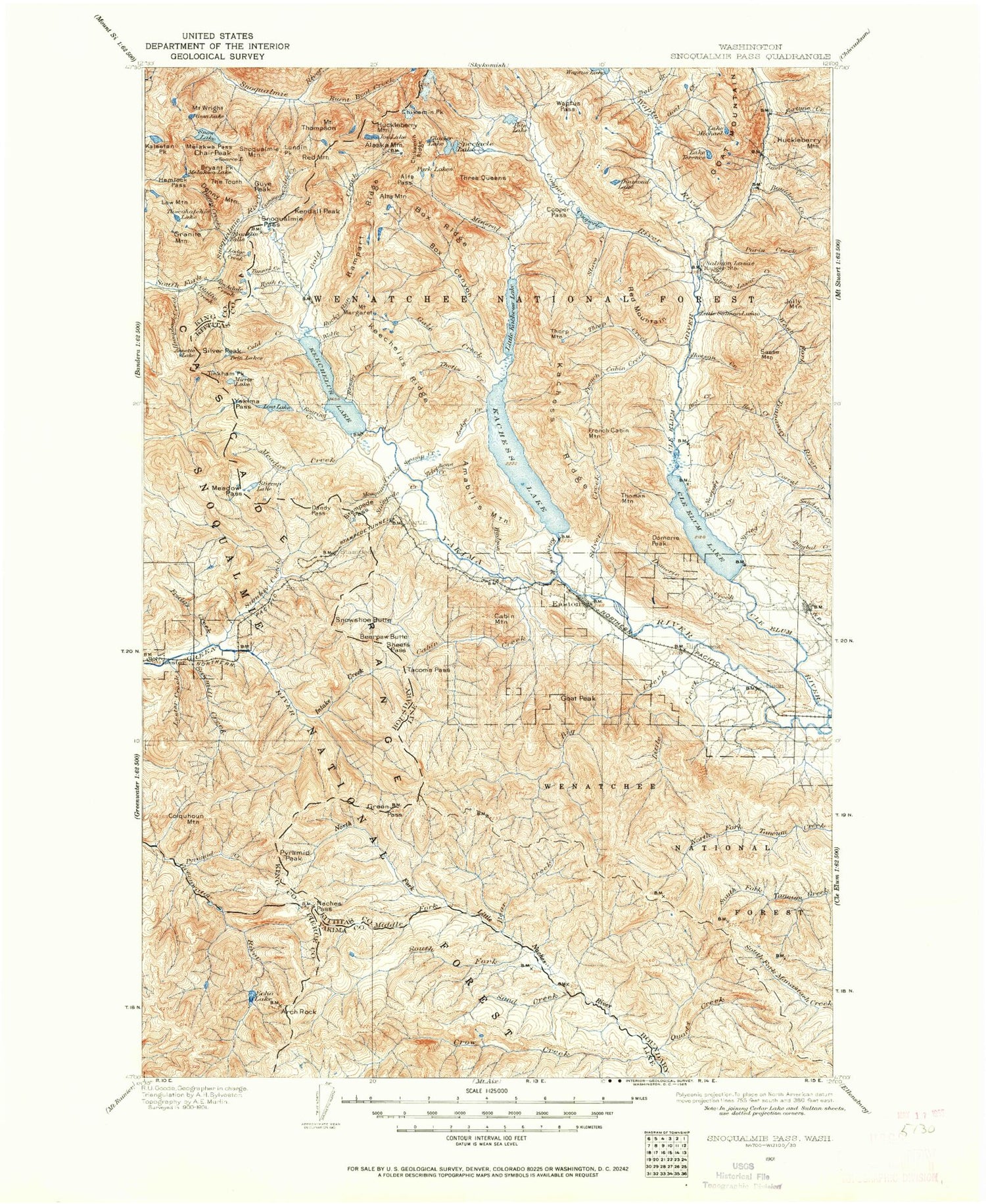 Historic 1901 Snoqualmie Pass Washington 30'x30' Topo Map Image