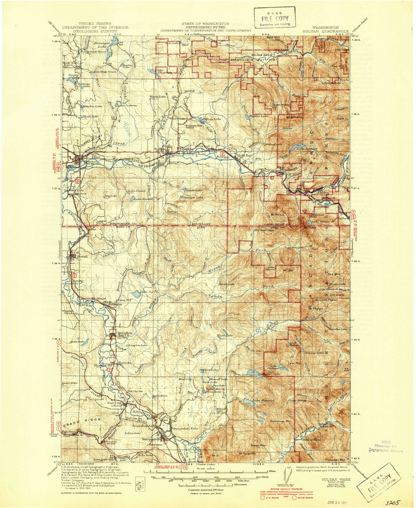 Historic 1923 Sultan Washington 30'x30' Topo Map Image
