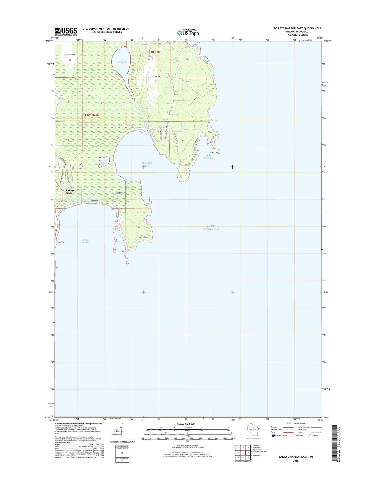 Baileys Harbor East Wisconsin US Topo Map Image