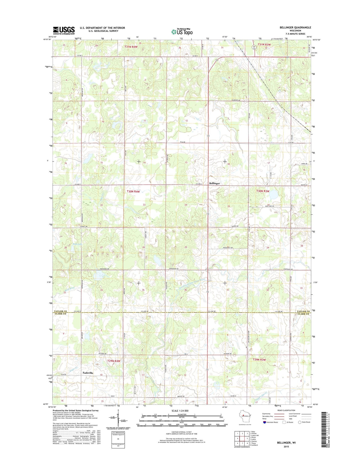 Bellinger Wisconsin US Topo Map Image